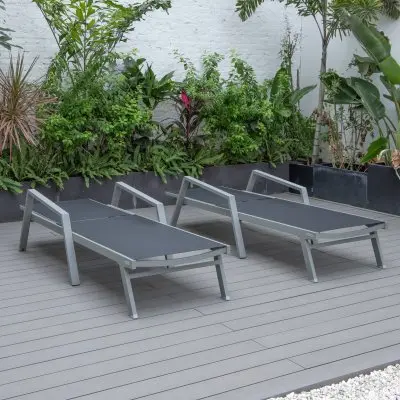 Marlin Patio Chaise Lounge Chair With Armrests in Grey Aluminum Frame, Set of 2 in Black