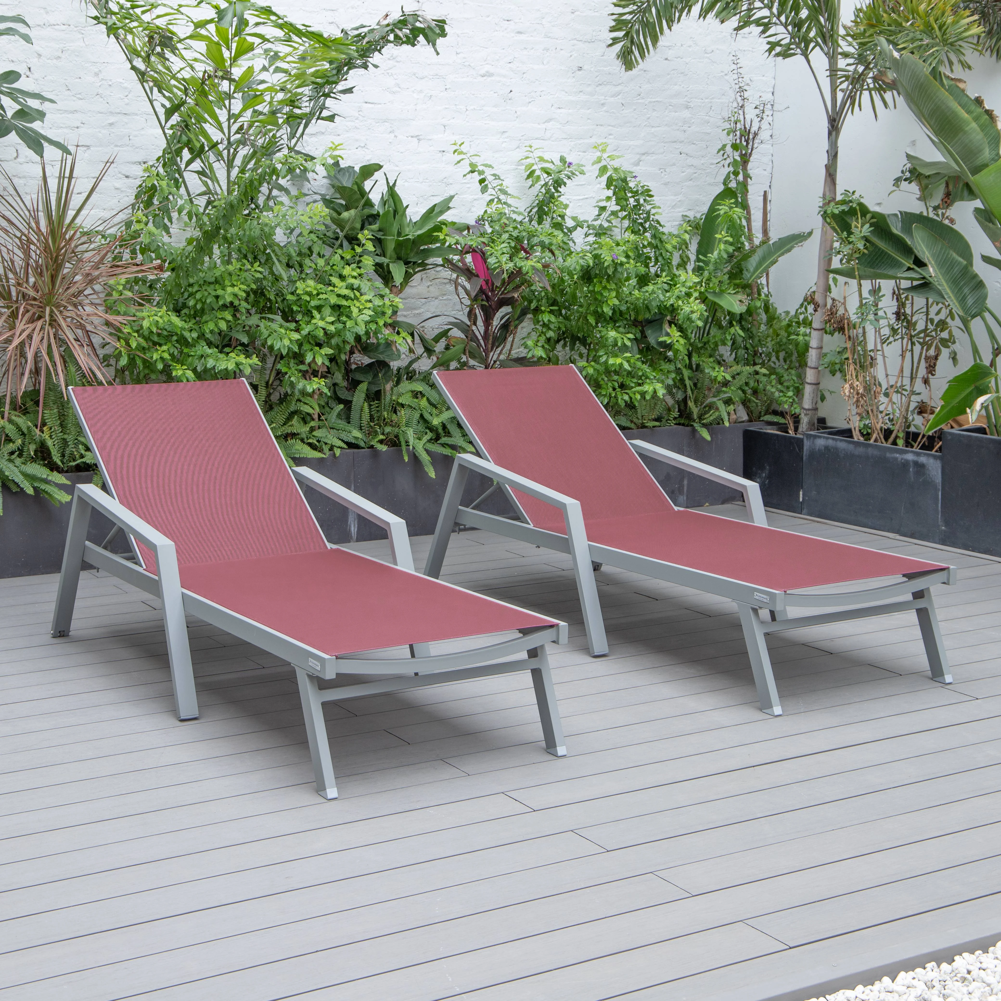 Marlin Patio Chaise Lounge Chair With Armrests in Grey Aluminum Frame, Set of 2 in Burgundy