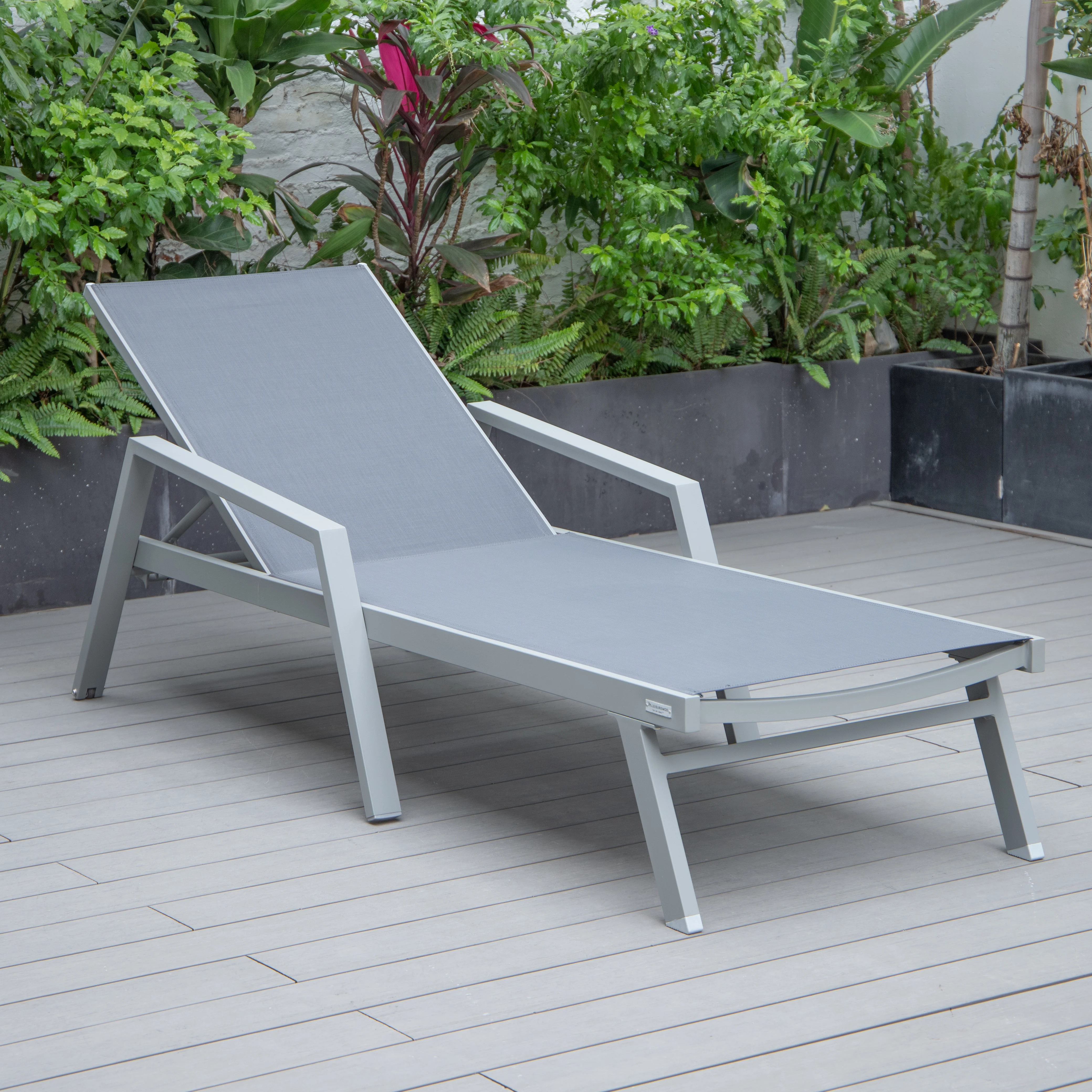Marlin Patio Chaise Lounge Chair With Armrests in Grey Aluminum Frame