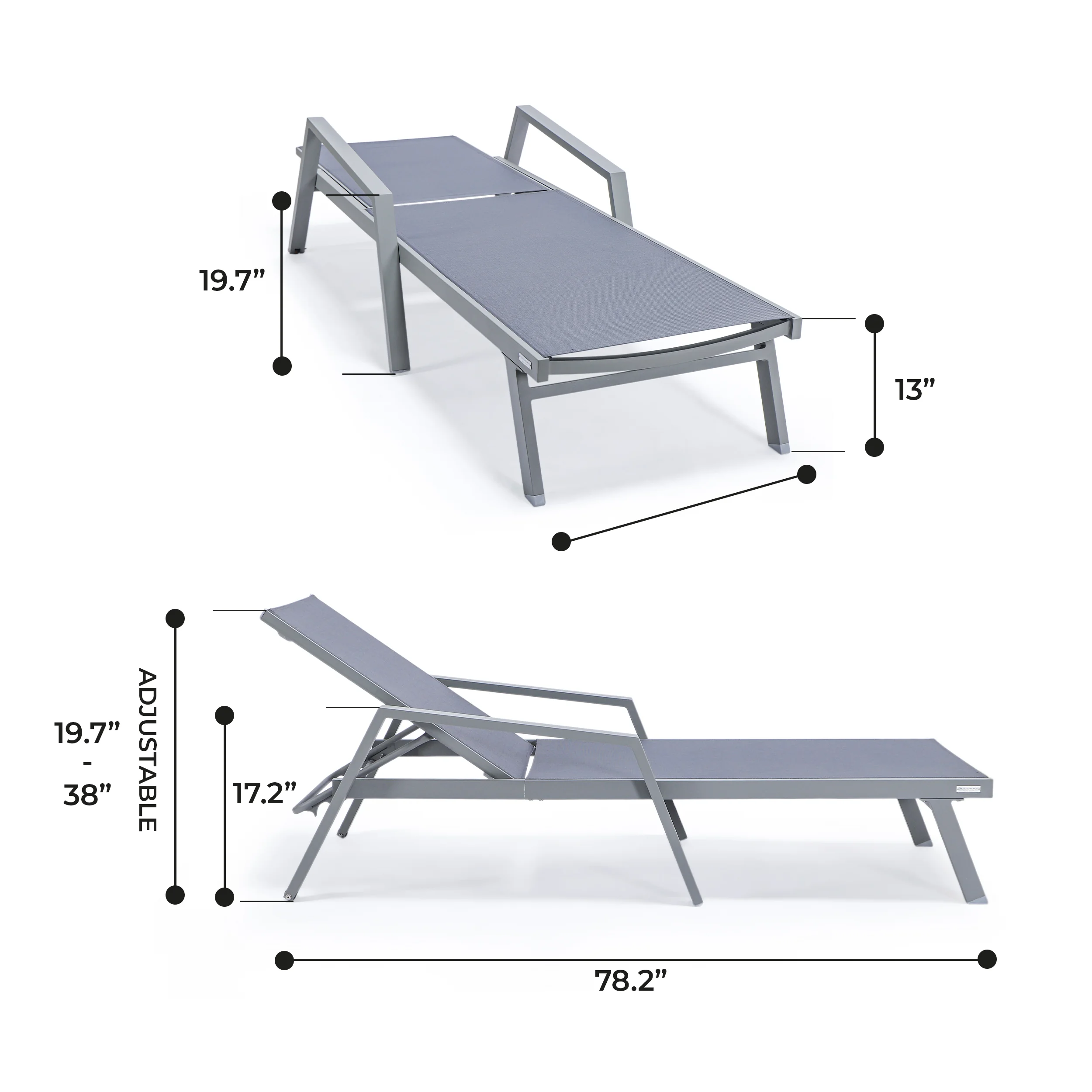 Marlin Patio Chaise Lounge Chair With Armrests in Grey Aluminum Frame