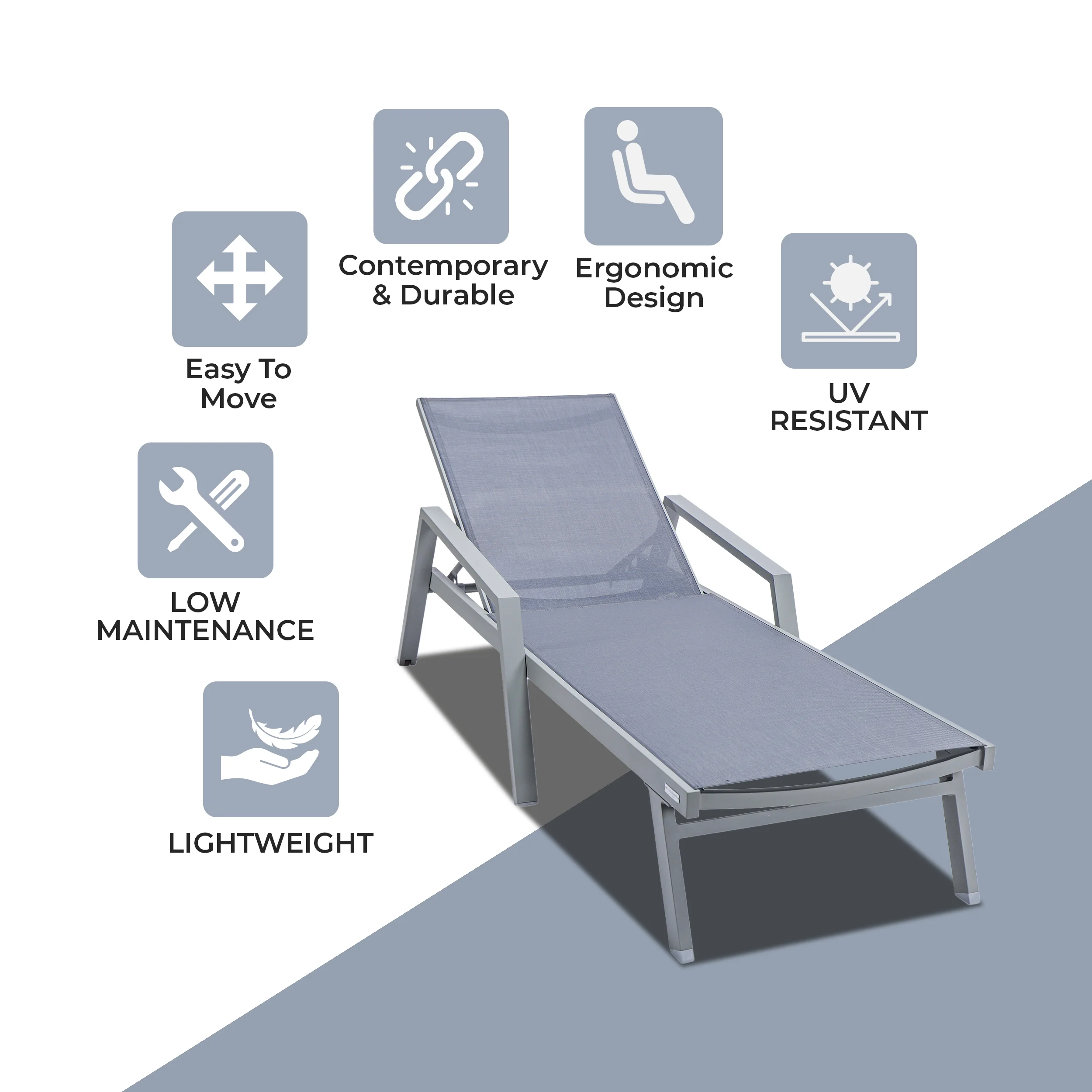 Marlin Patio Chaise Lounge Chair With Armrests in Grey Aluminum Frame
