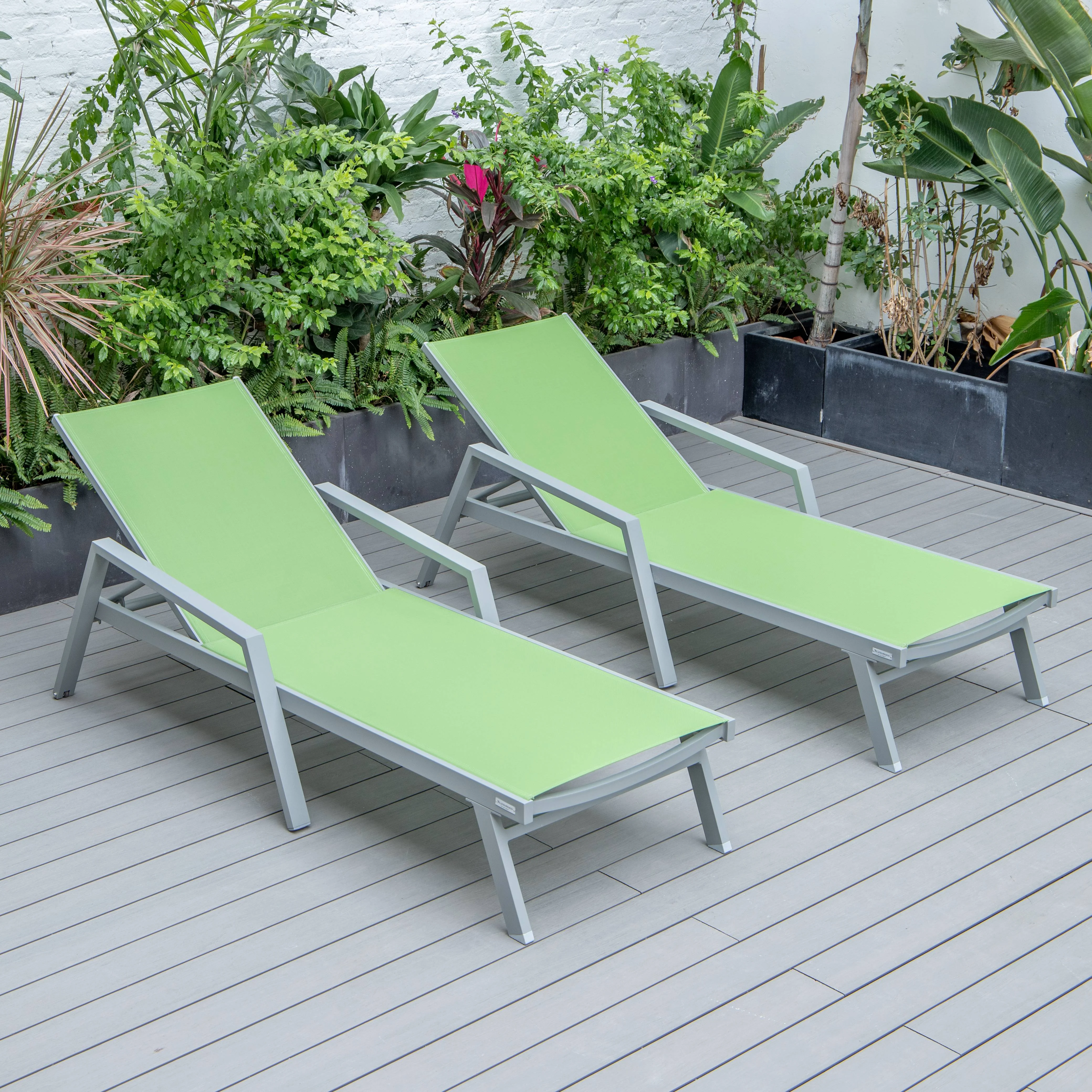 Marlin Patio Chaise Lounge Chair With Armrests in Grey Aluminum Frame, Set of 2 in Green