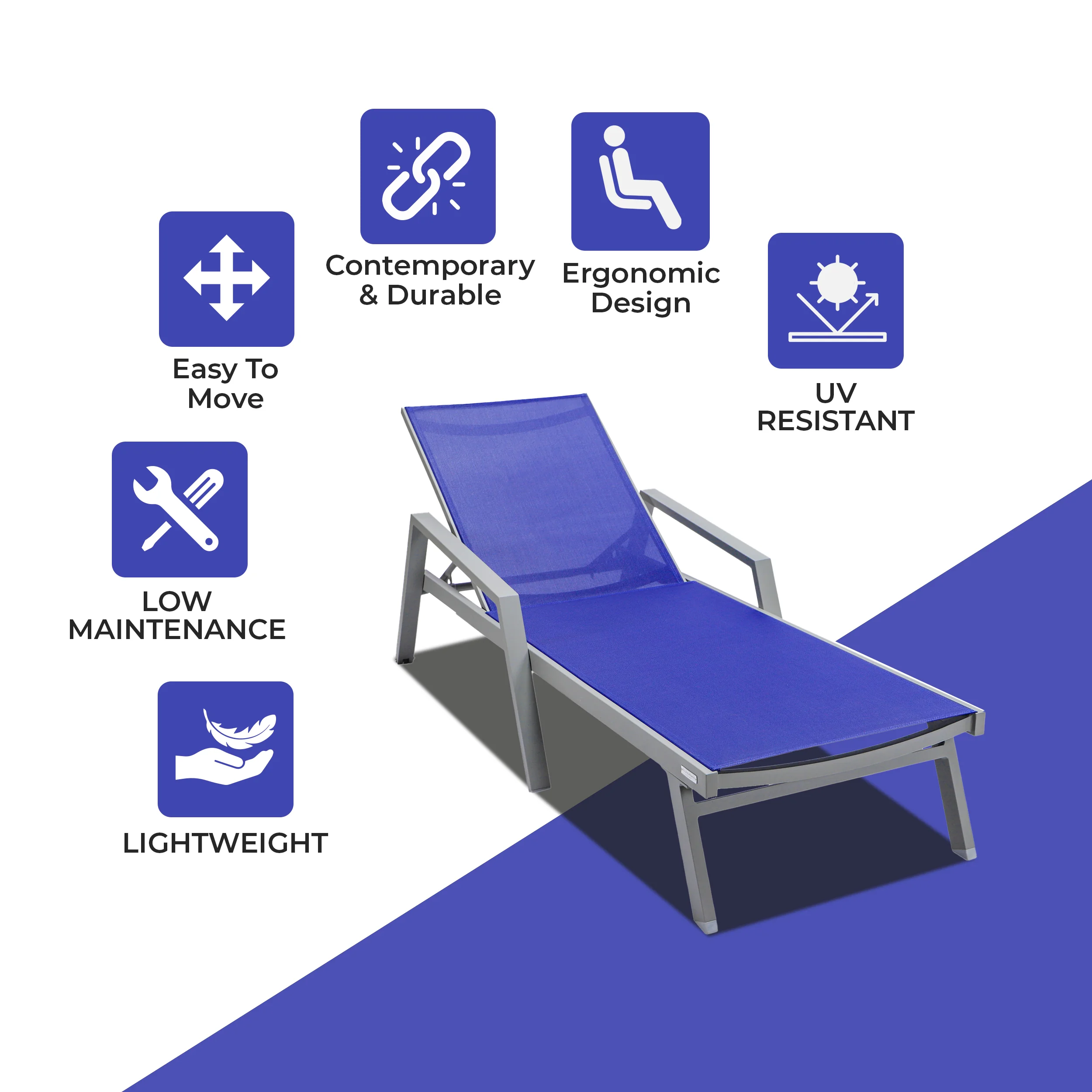 Marlin Patio Chaise Lounge Chair With Armrests in Grey Aluminum Frame