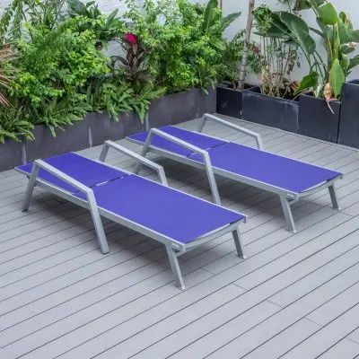 Marlin Patio Chaise Lounge Chair With Armrests in Grey Aluminum Frame, Set of 2 in Navy Blue