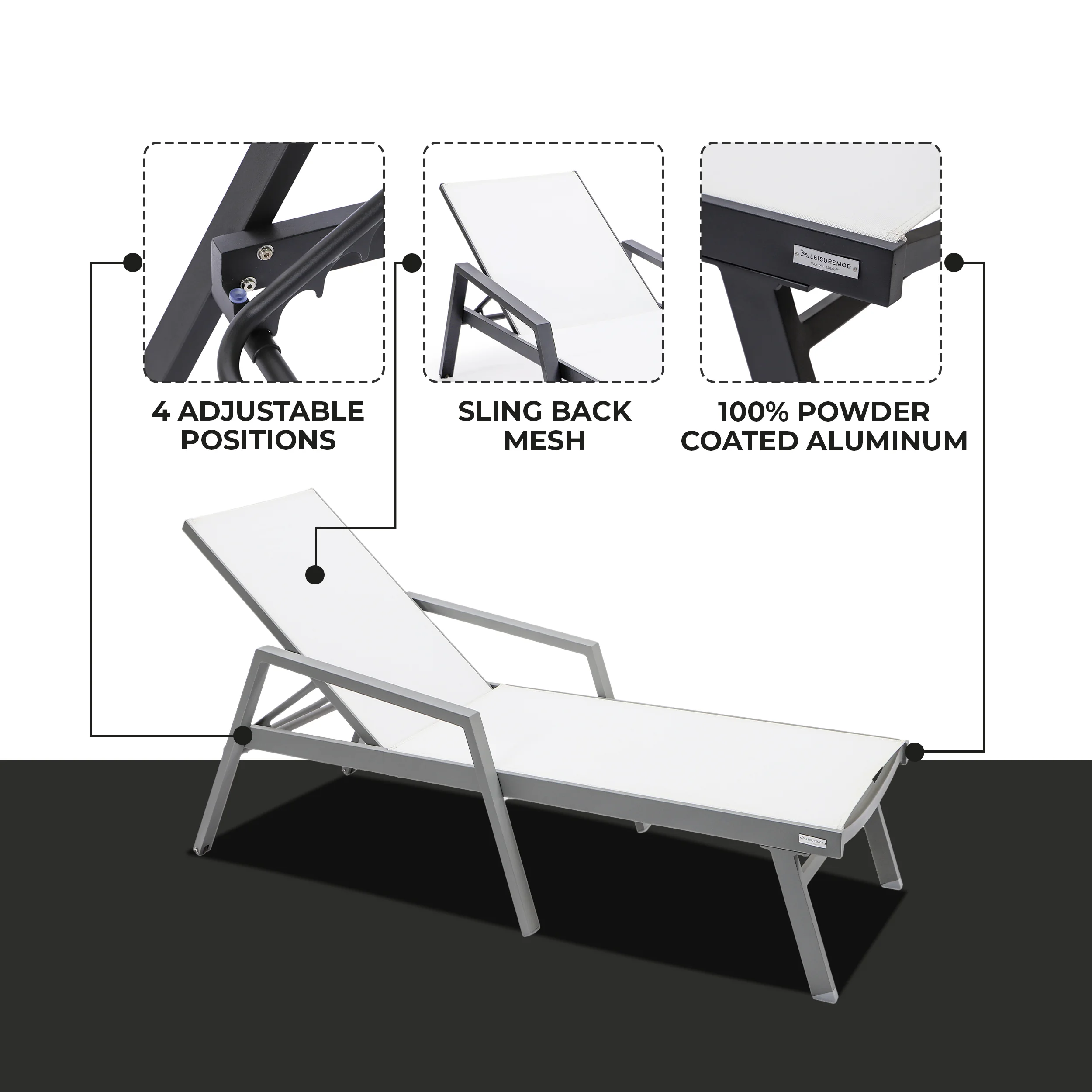 Marlin Patio Chaise Lounge Chair With Armrests in Grey Aluminum Frame