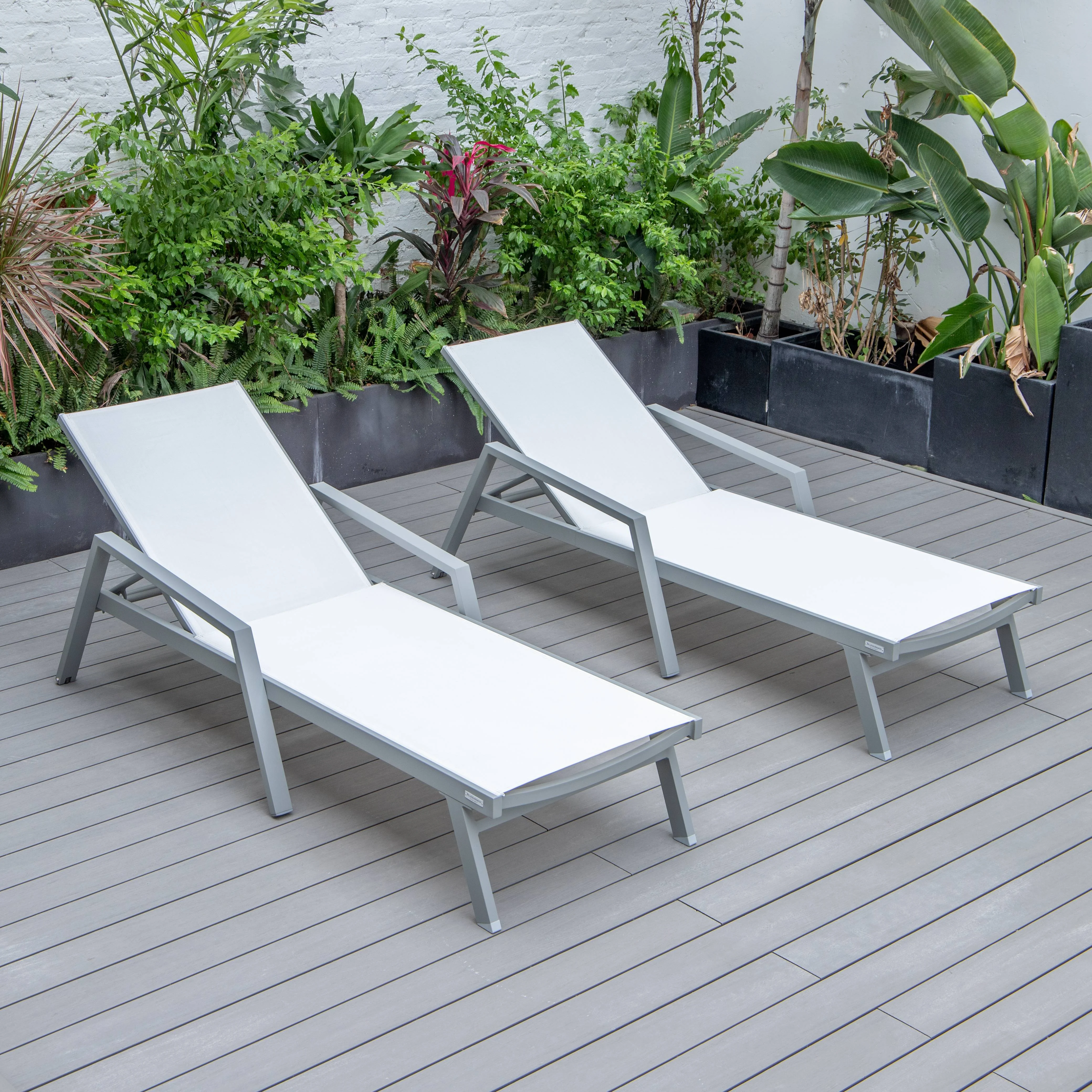 Marlin Patio Chaise Lounge Chair With Armrests in Grey Aluminum Frame, Set of 2 in White