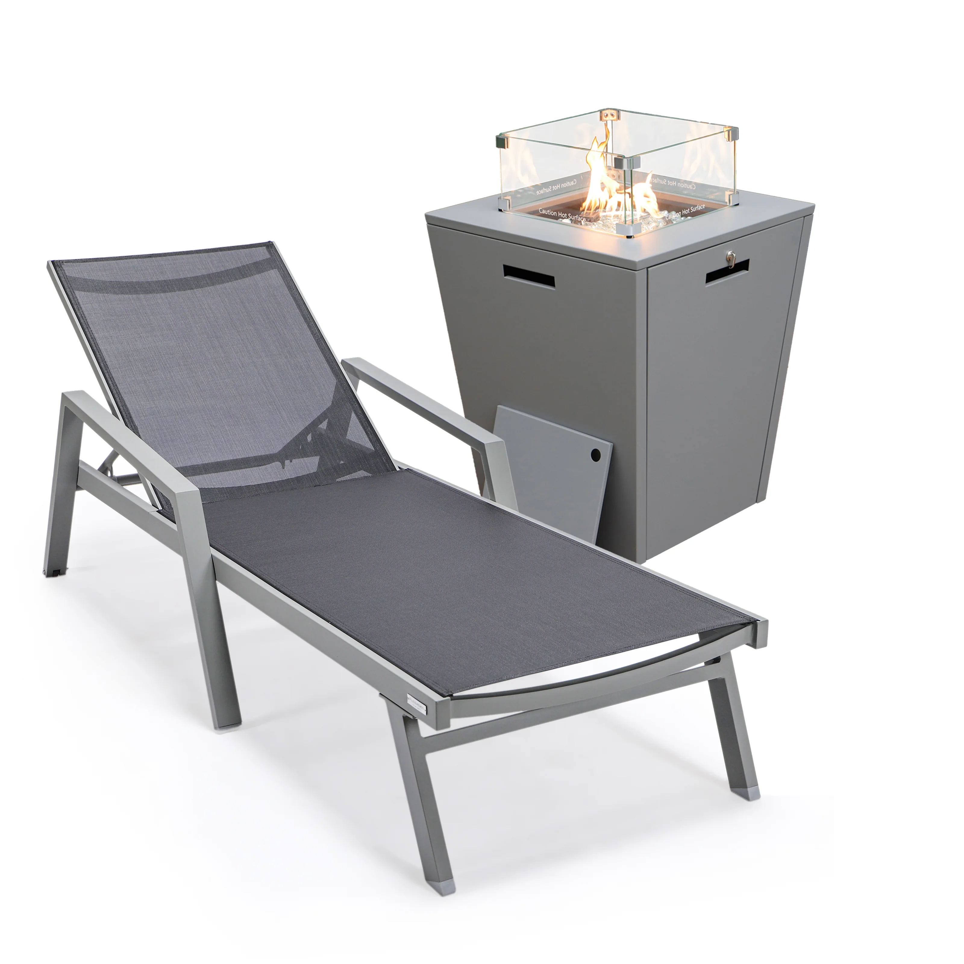 Marlin Modern Grey Aluminum Outdoor Patio Chaise Lounge Chair With Arms and Square Fire Pit Side Table Perfect for Patio, Lawn, and Garden