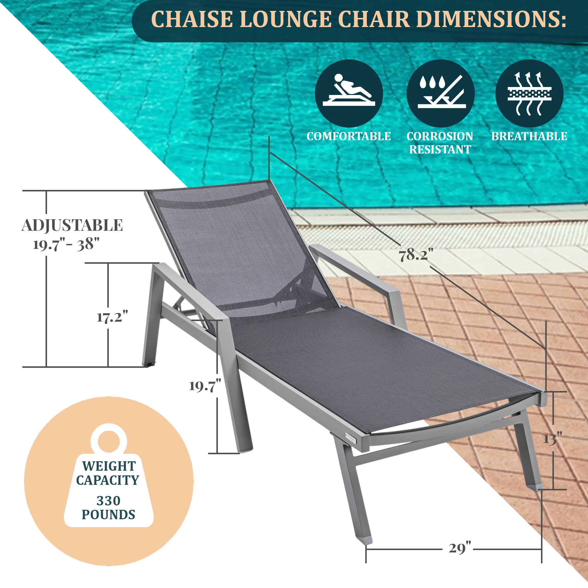 Marlin Modern Grey Aluminum Outdoor Patio Chaise Lounge Chair With Arms and Square Fire Pit Side Table Perfect for Patio, Lawn, and Garden