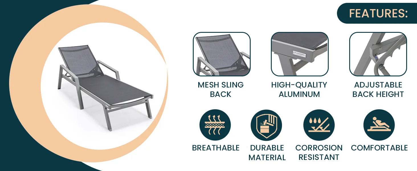 Marlin Modern Aluminum Outdoor Patio Chaise Lounge Chair With Arms Set of 2 with Square Fire Pit Side Table Perfect for Patio, Lawn, and Garden