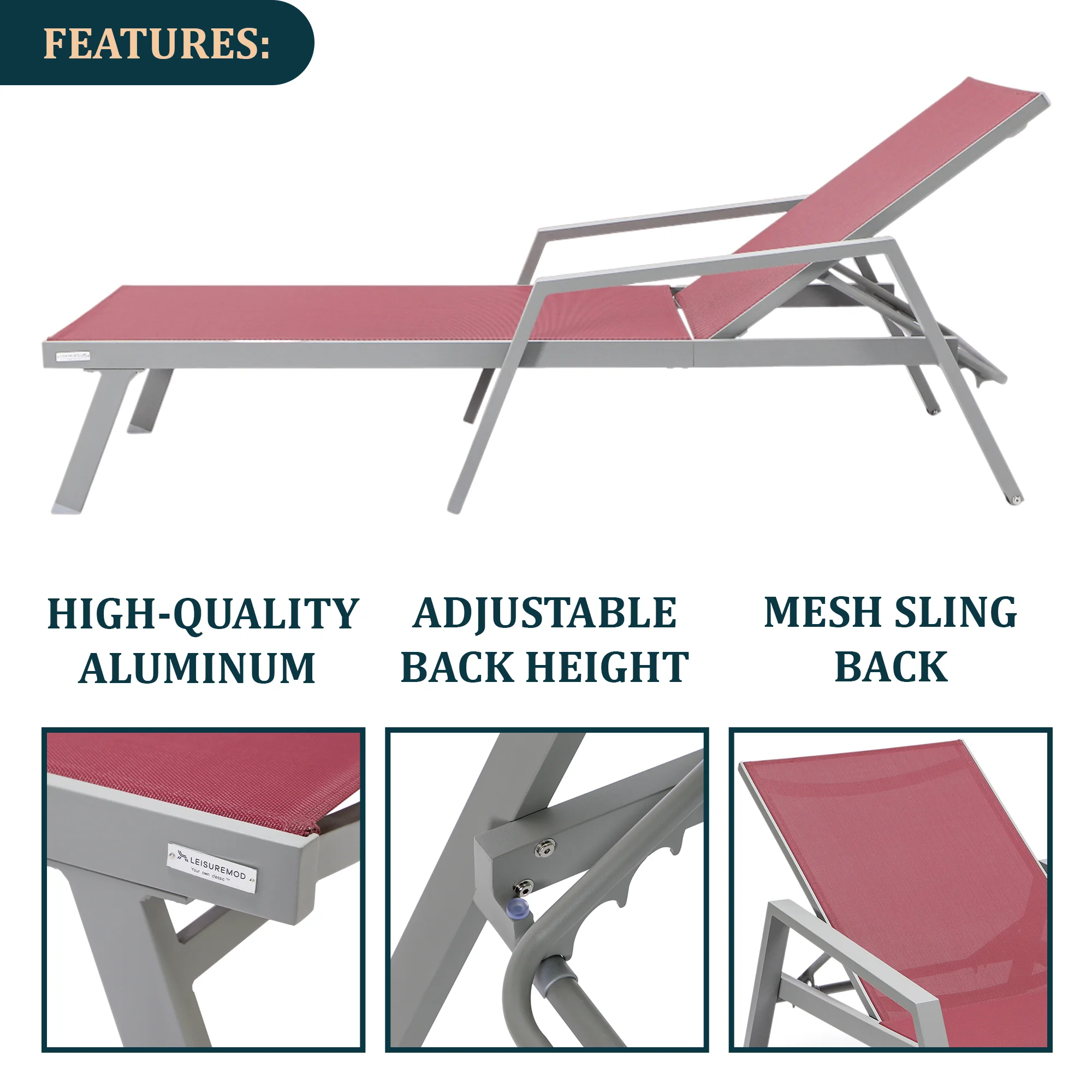 Marlin Modern Grey Aluminum Outdoor Patio Chaise Lounge Chair With Arms and Square Fire Pit Side Table Perfect for Patio, Lawn, and Garden