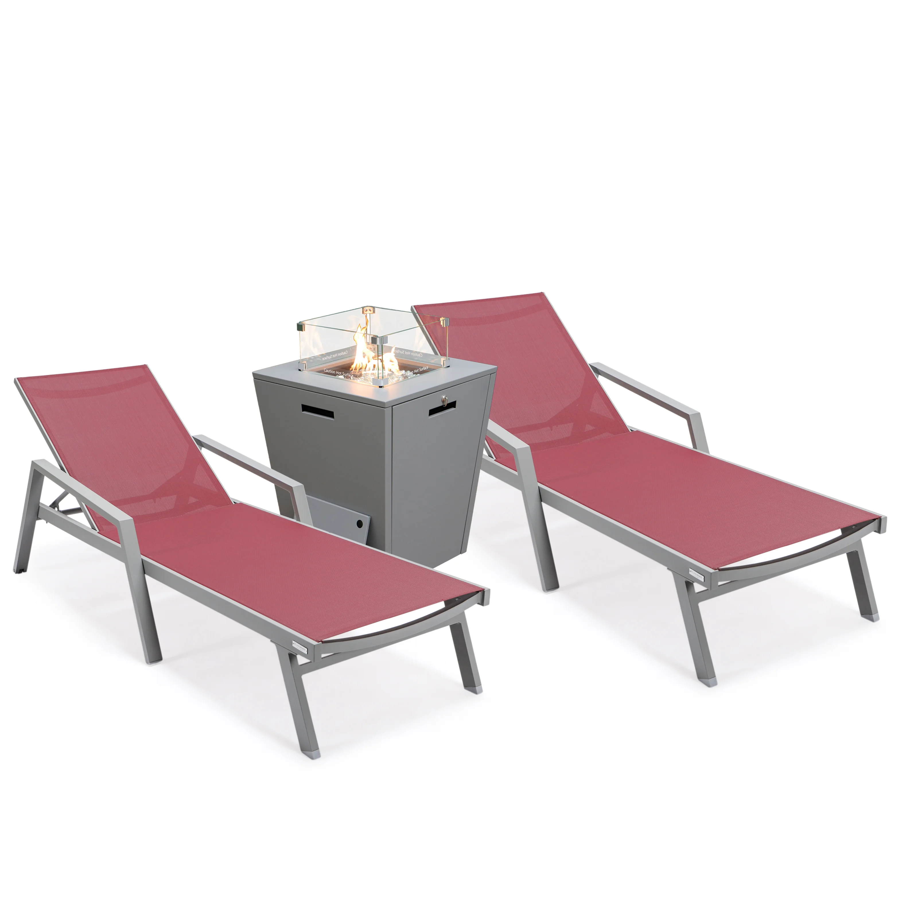 Marlin Modern Aluminum Outdoor Patio Chaise Lounge Chair With Arms Set of 2 with Square Fire Pit Side Table Perfect for Patio, Lawn, and Garden