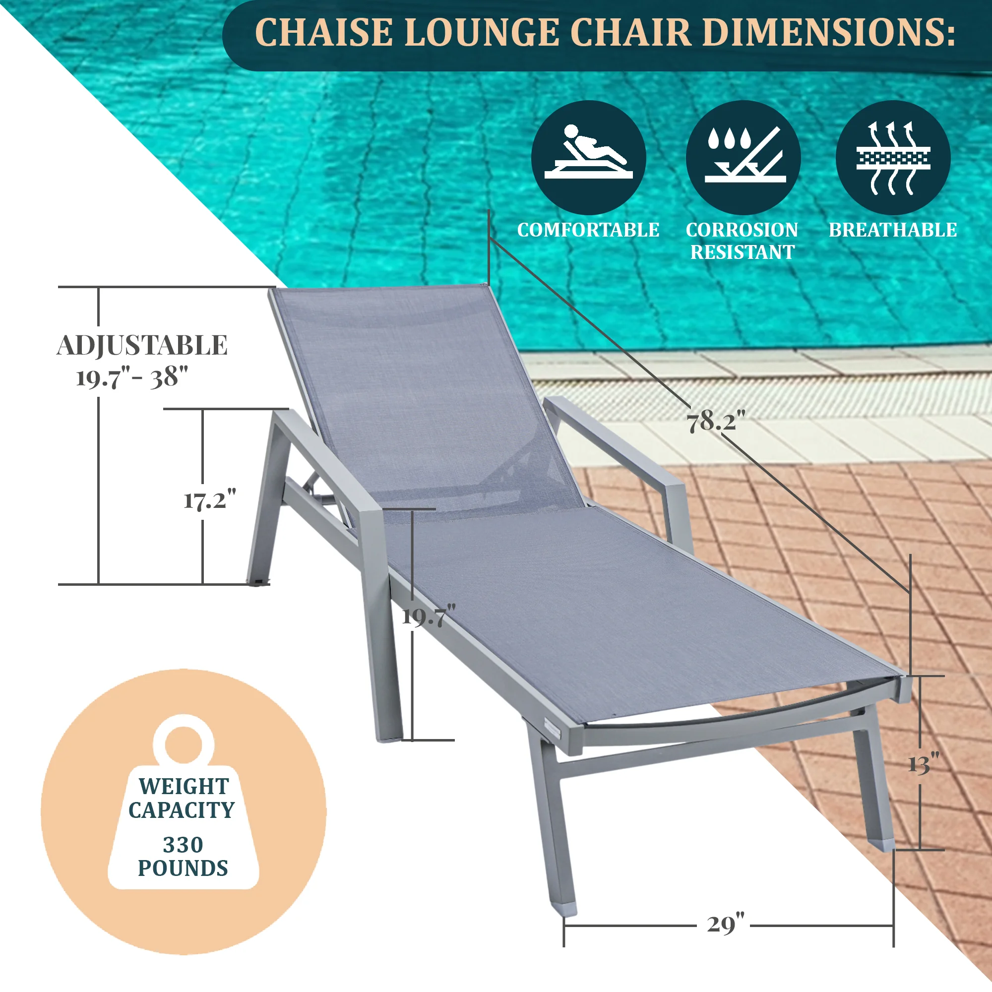 Marlin Modern Grey Aluminum Outdoor Patio Chaise Lounge Chair With Arms and Square Fire Pit Side Table Perfect for Patio, Lawn, and Garden
