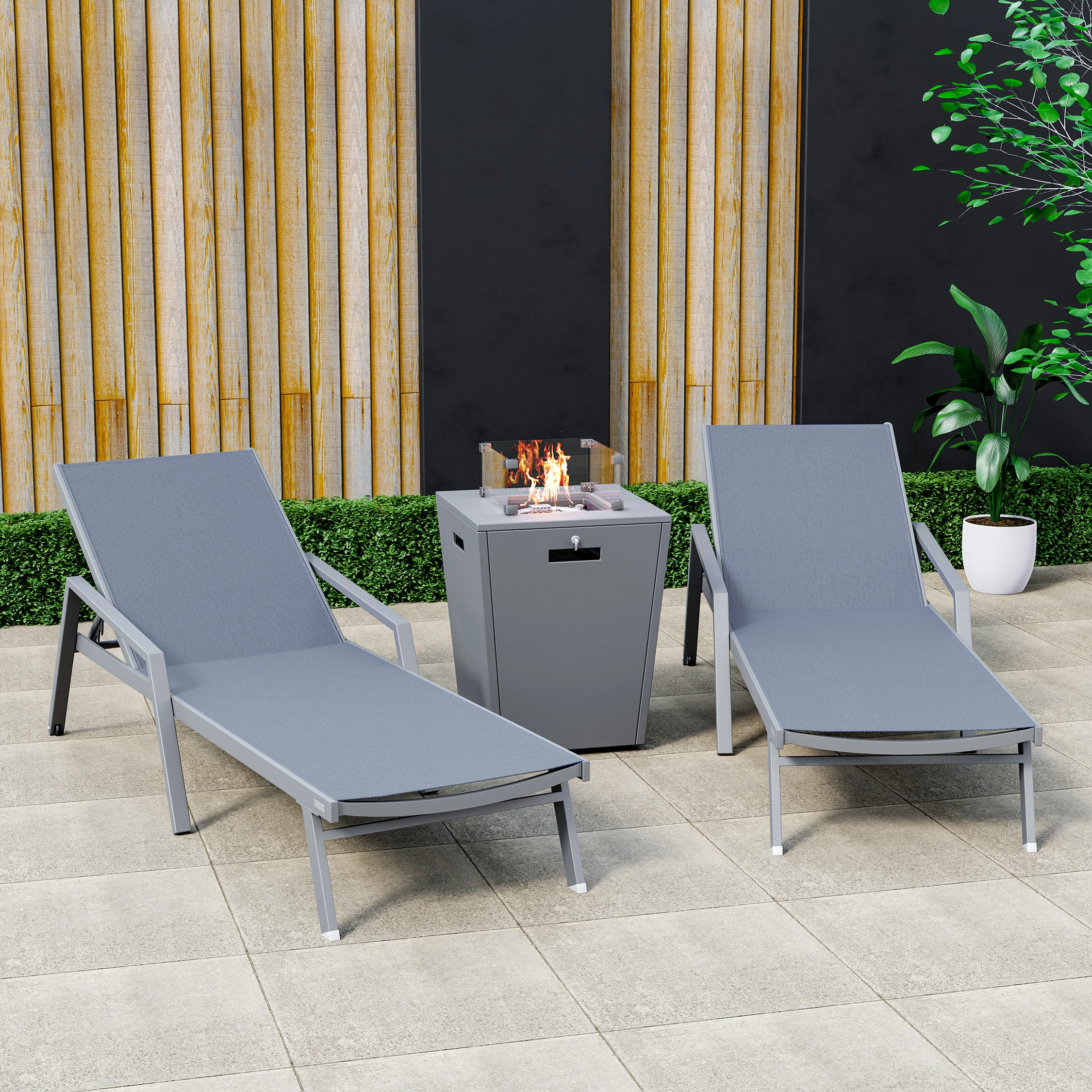 Marlin Modern Aluminum Outdoor Patio Chaise Lounge Chair With Arms Set of 2 with Square Fire Pit Side Table Perfect for Patio, Lawn, and Garden