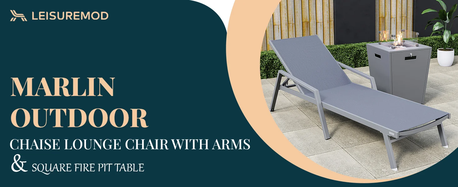 Marlin Modern Aluminum Outdoor Patio Chaise Lounge Chair With Arms Set of 2 with Square Fire Pit Side Table Perfect for Patio, Lawn, and Garden