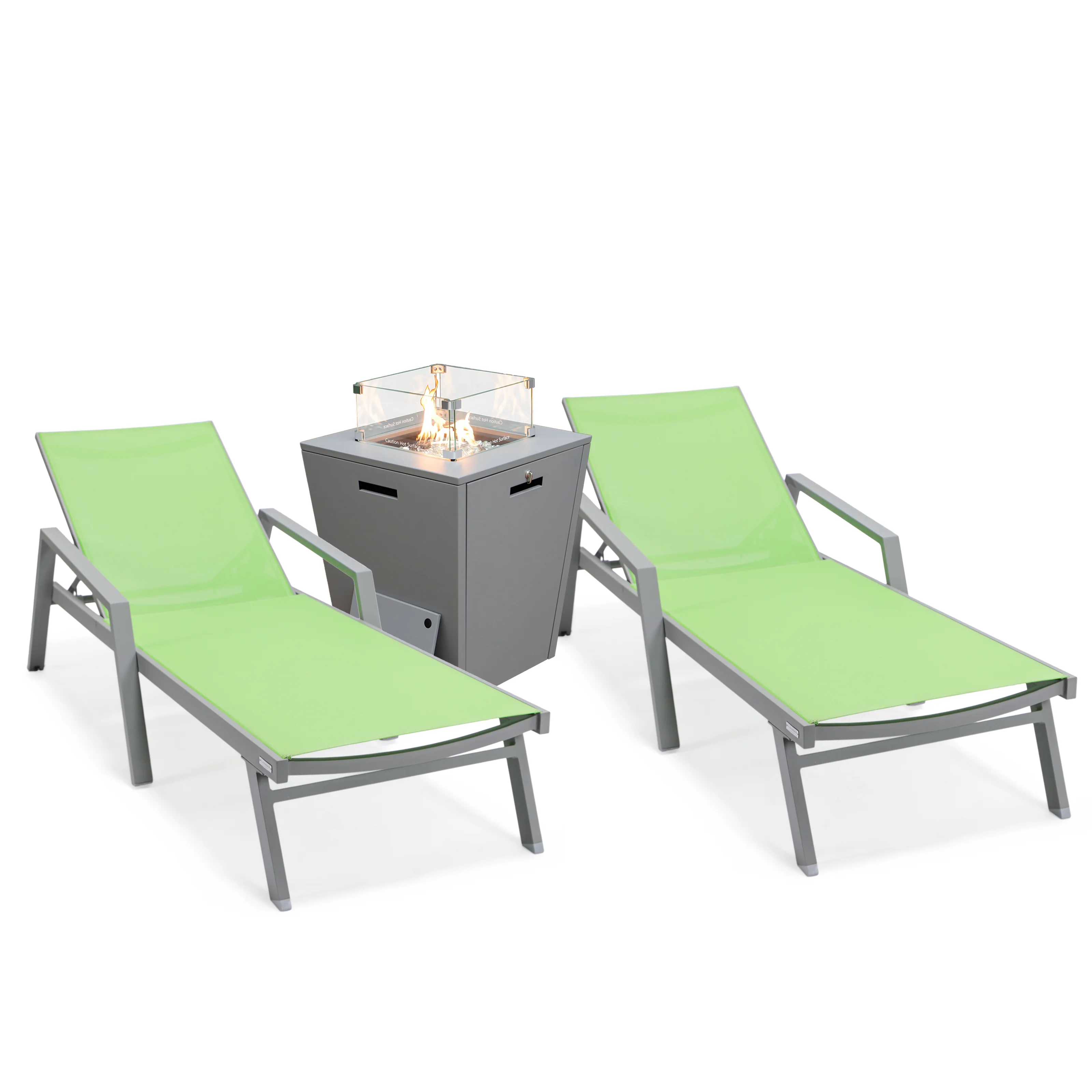 Marlin Modern Aluminum Outdoor Patio Chaise Lounge Chair With Arms Set of 2 with Square Fire Pit Side Table Perfect for Patio, Lawn, and Garden