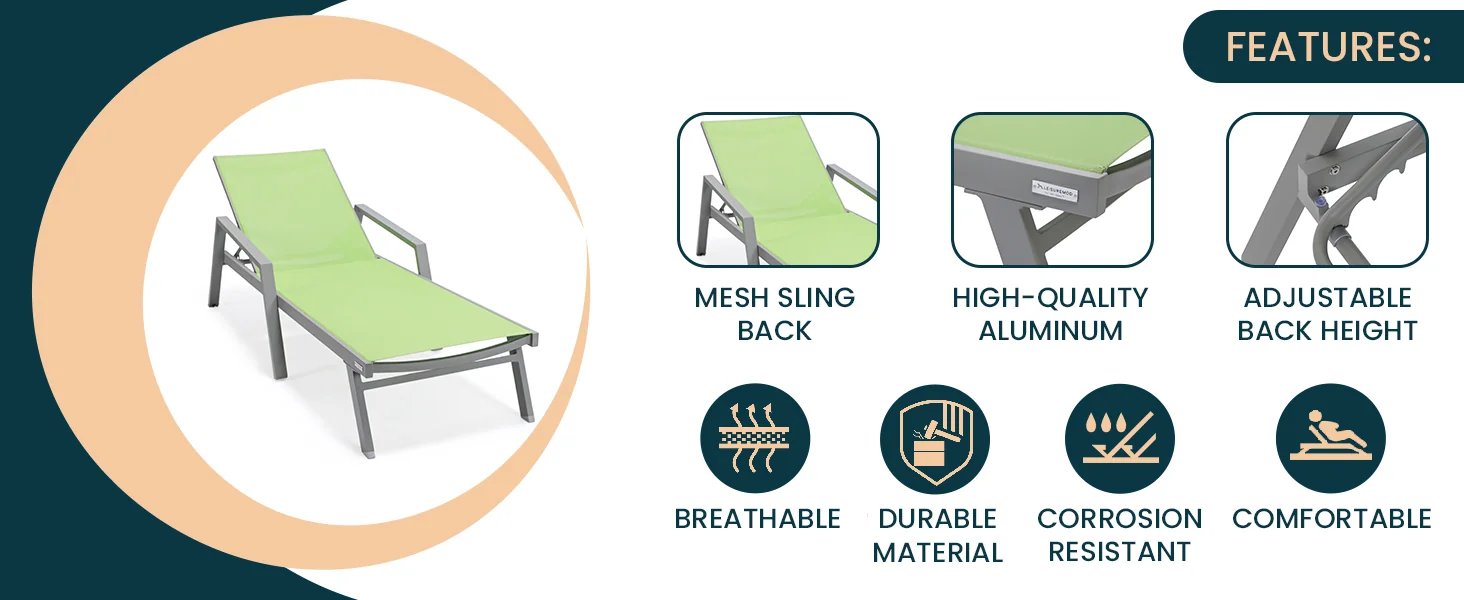 Marlin Modern Aluminum Outdoor Patio Chaise Lounge Chair With Arms Set of 2 with Square Fire Pit Side Table Perfect for Patio, Lawn, and Garden