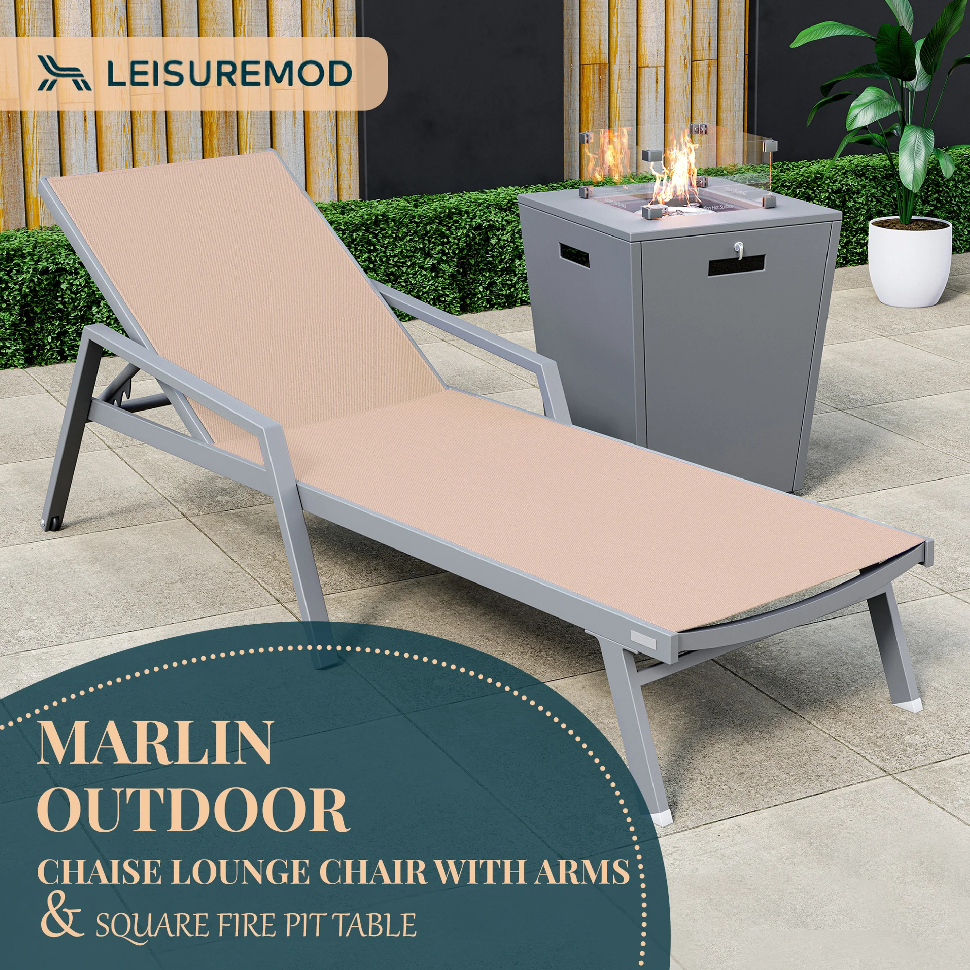 Marlin Modern Grey Aluminum Outdoor Patio Chaise Lounge Chair With Arms and Square Fire Pit Side Table Perfect for Patio, Lawn, and Garden