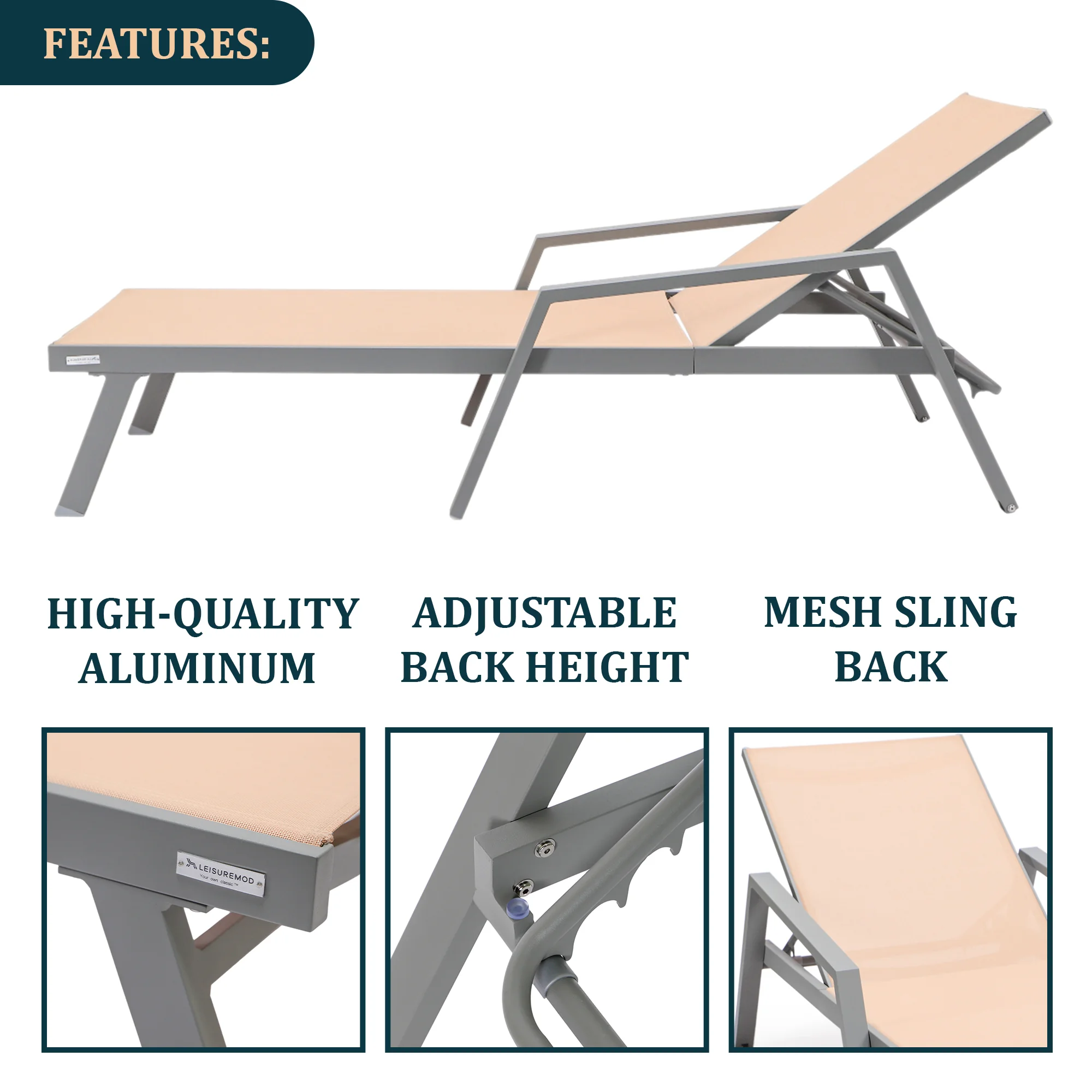 Marlin Modern Grey Aluminum Outdoor Patio Chaise Lounge Chair With Arms and Square Fire Pit Side Table Perfect for Patio, Lawn, and Garden