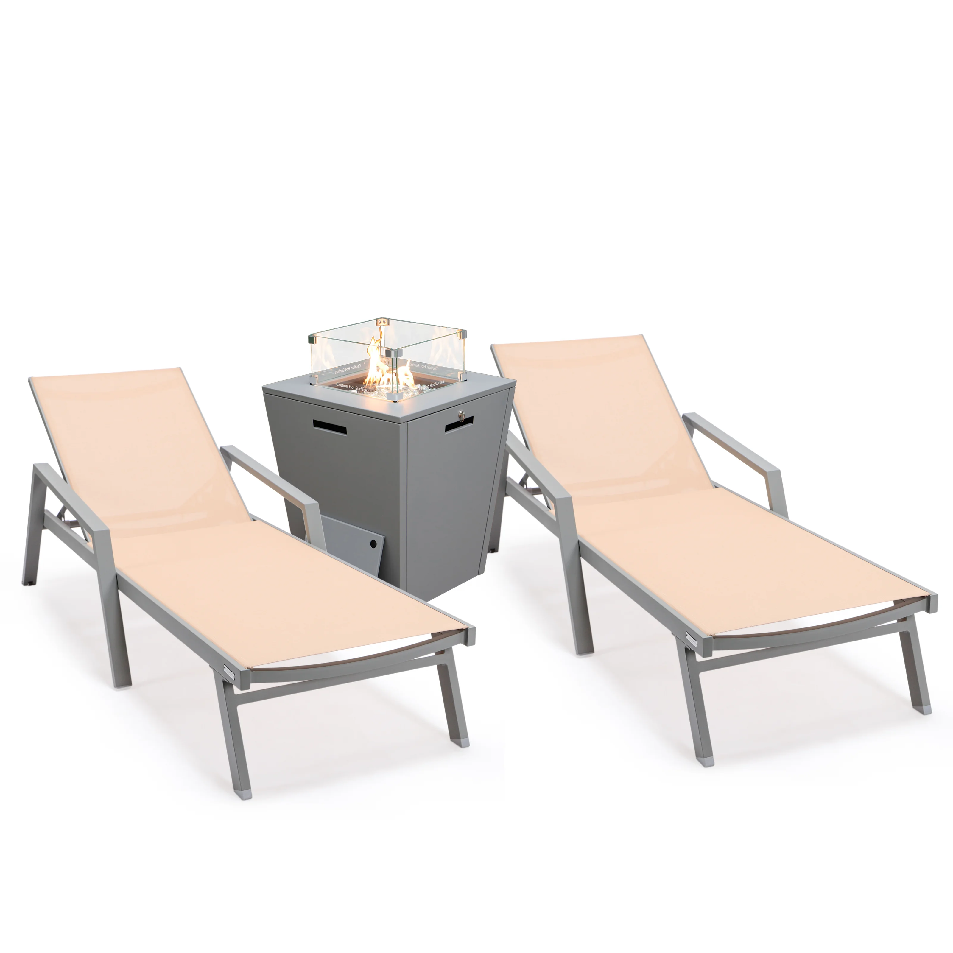 Marlin Modern Aluminum Outdoor Patio Chaise Lounge Chair With Arms Set of 2 with Square Fire Pit Side Table Perfect for Patio, Lawn, and Garden