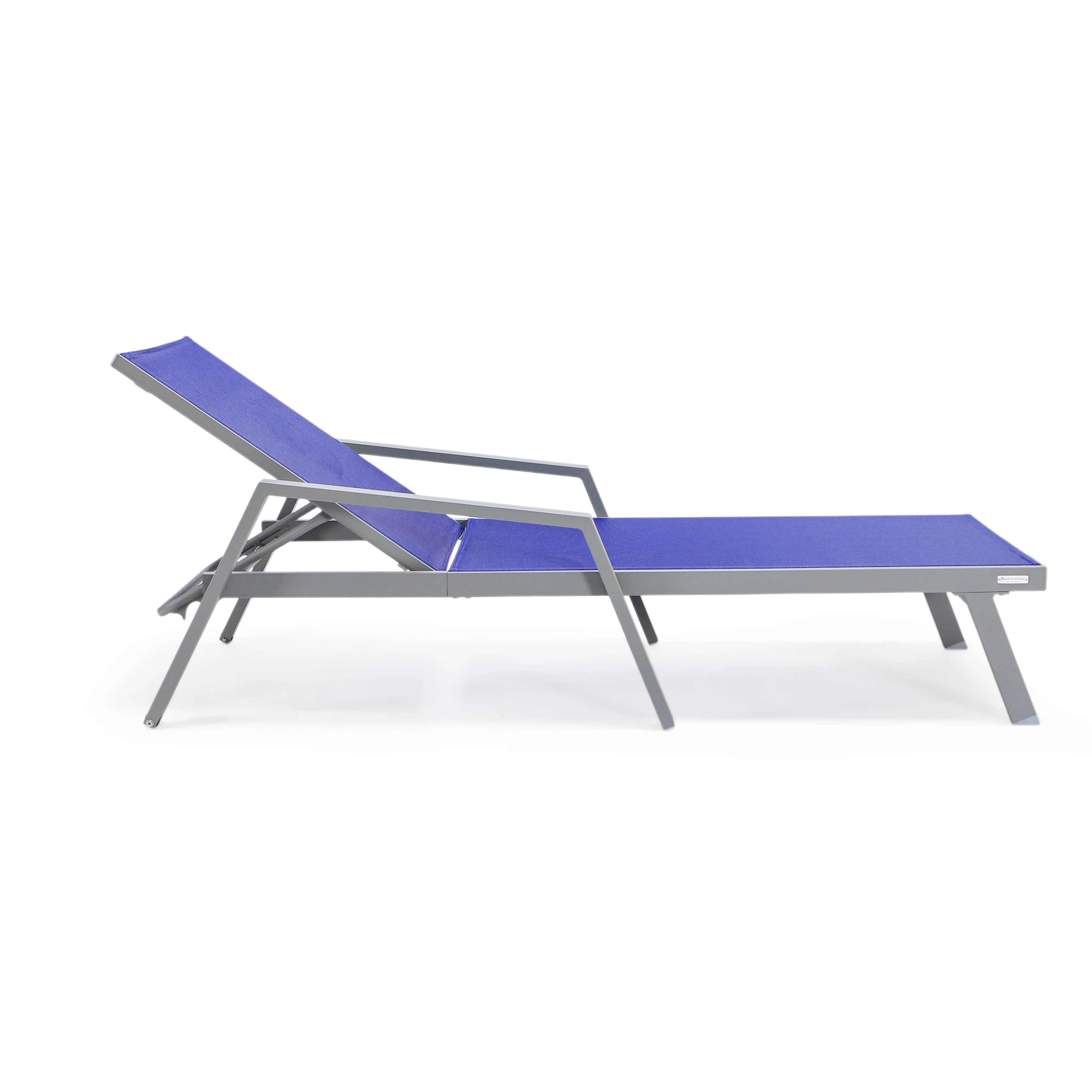 Marlin Modern Grey Aluminum Outdoor Patio Chaise Lounge Chair With Arms and Square Fire Pit Side Table Perfect for Patio, Lawn, and Garden