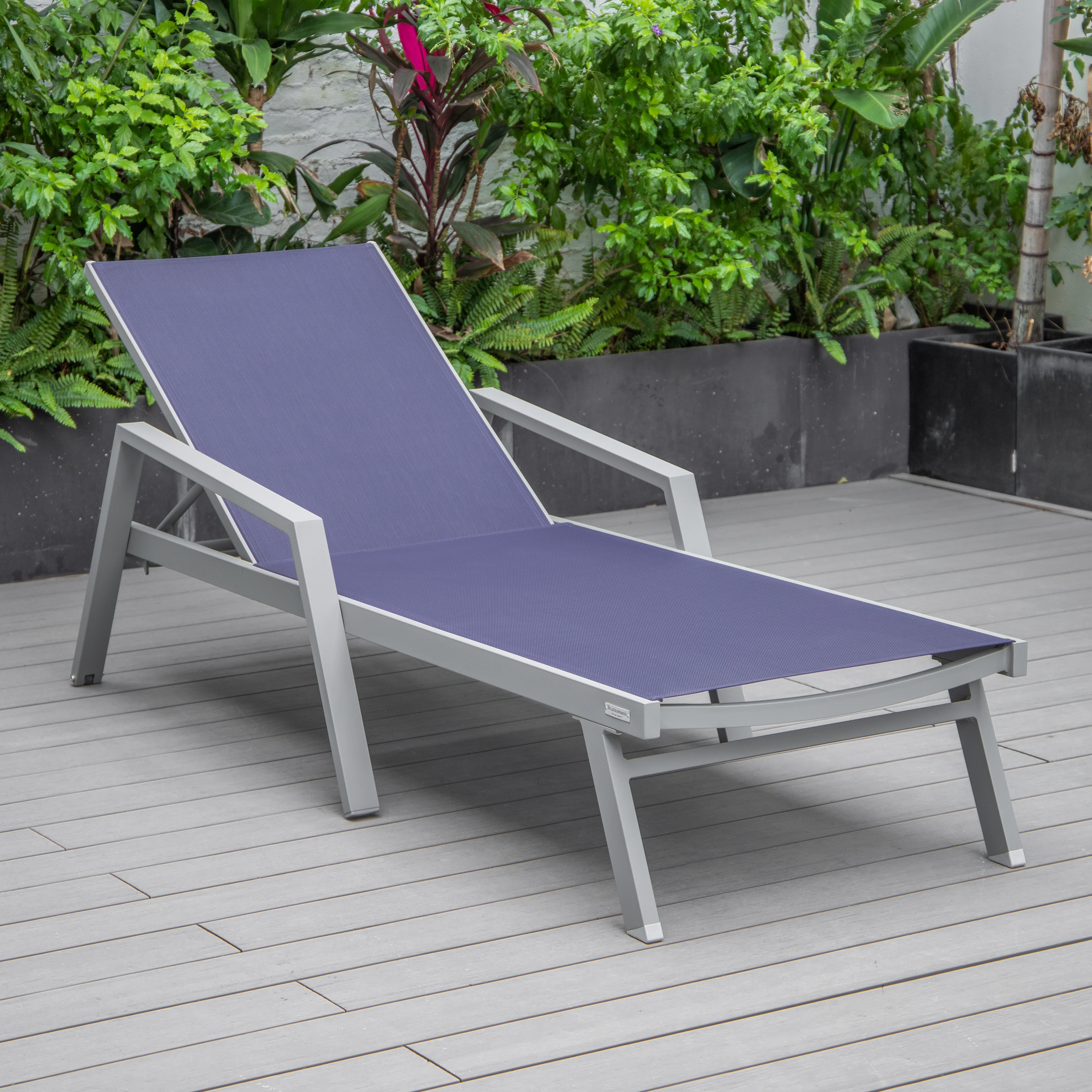 Marlin Modern Grey Aluminum Outdoor Patio Chaise Lounge Chair With Arms and Square Fire Pit Side Table Perfect for Patio, Lawn, and Garden