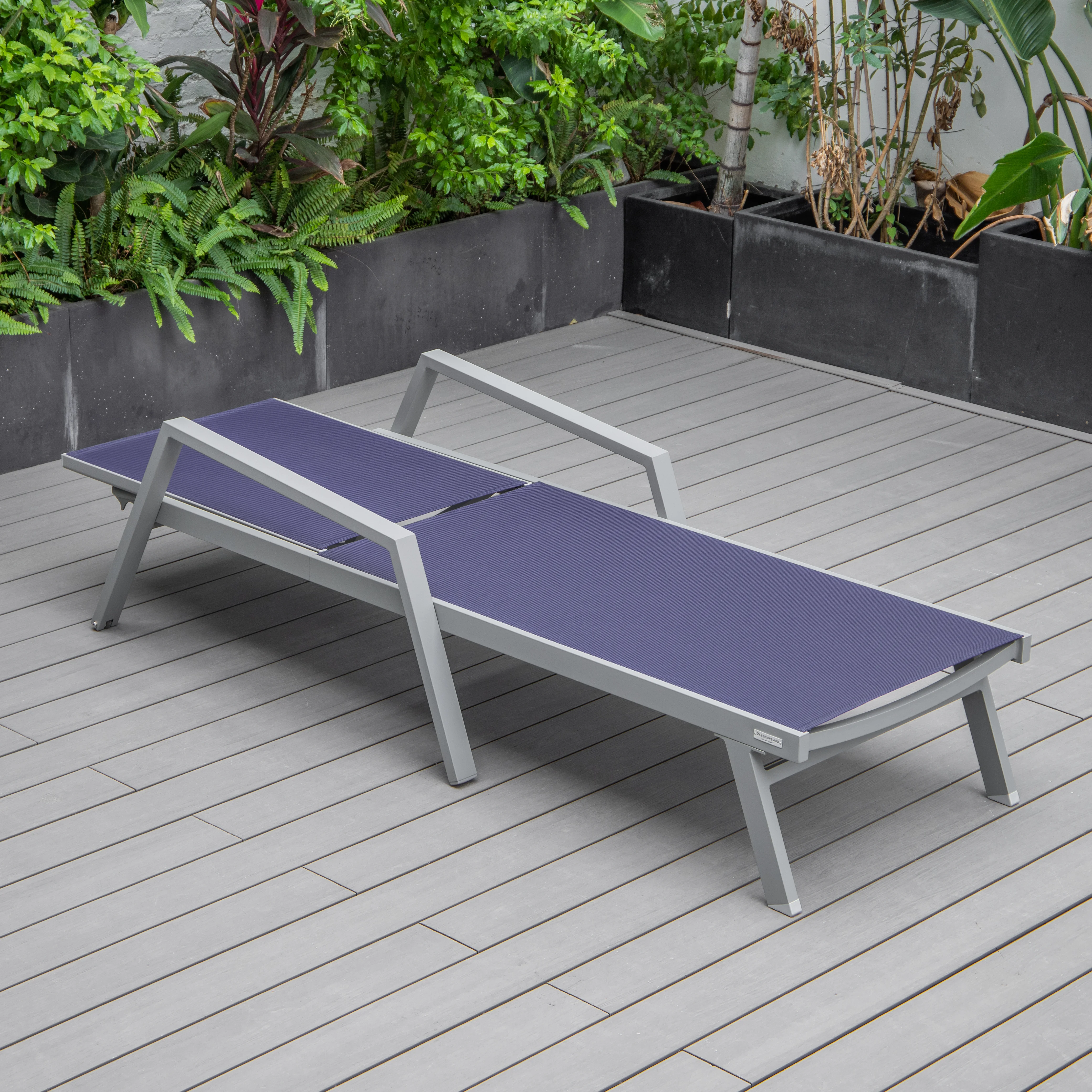 Marlin Modern Aluminum Outdoor Patio Chaise Lounge Chair With Arms Set of 2 with Square Fire Pit Side Table Perfect for Patio, Lawn, and Garden