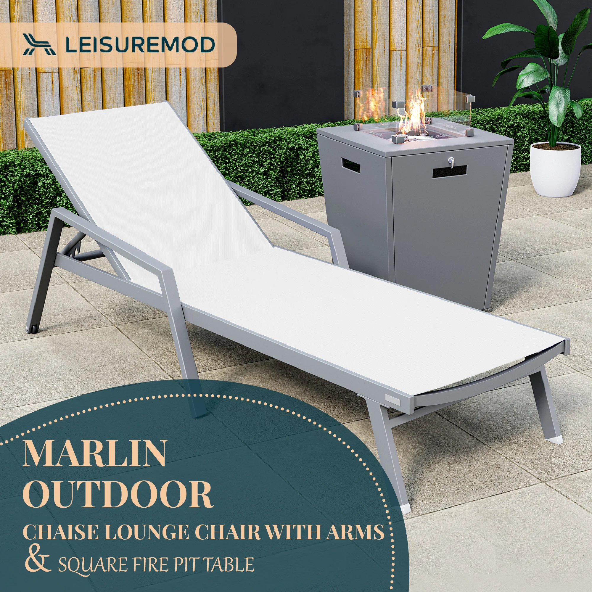 Marlin Modern Grey Aluminum Outdoor Patio Chaise Lounge Chair With Arms and Square Fire Pit Side Table Perfect for Patio, Lawn, and Garden