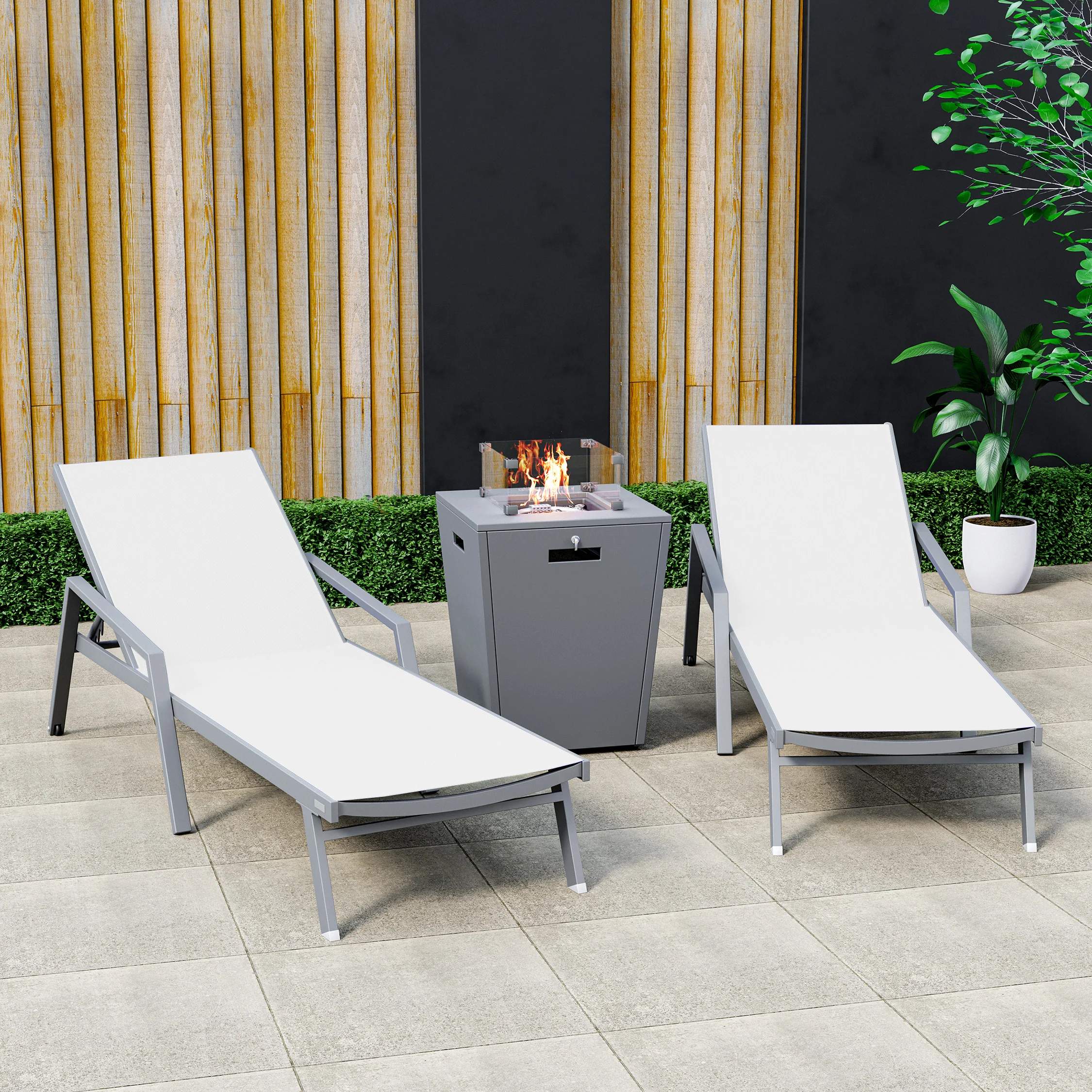 Marlin Modern Aluminum Outdoor Patio Chaise Lounge Chair With Arms Set of 2 with Square Fire Pit Side Table Perfect for Patio, Lawn, and Garden