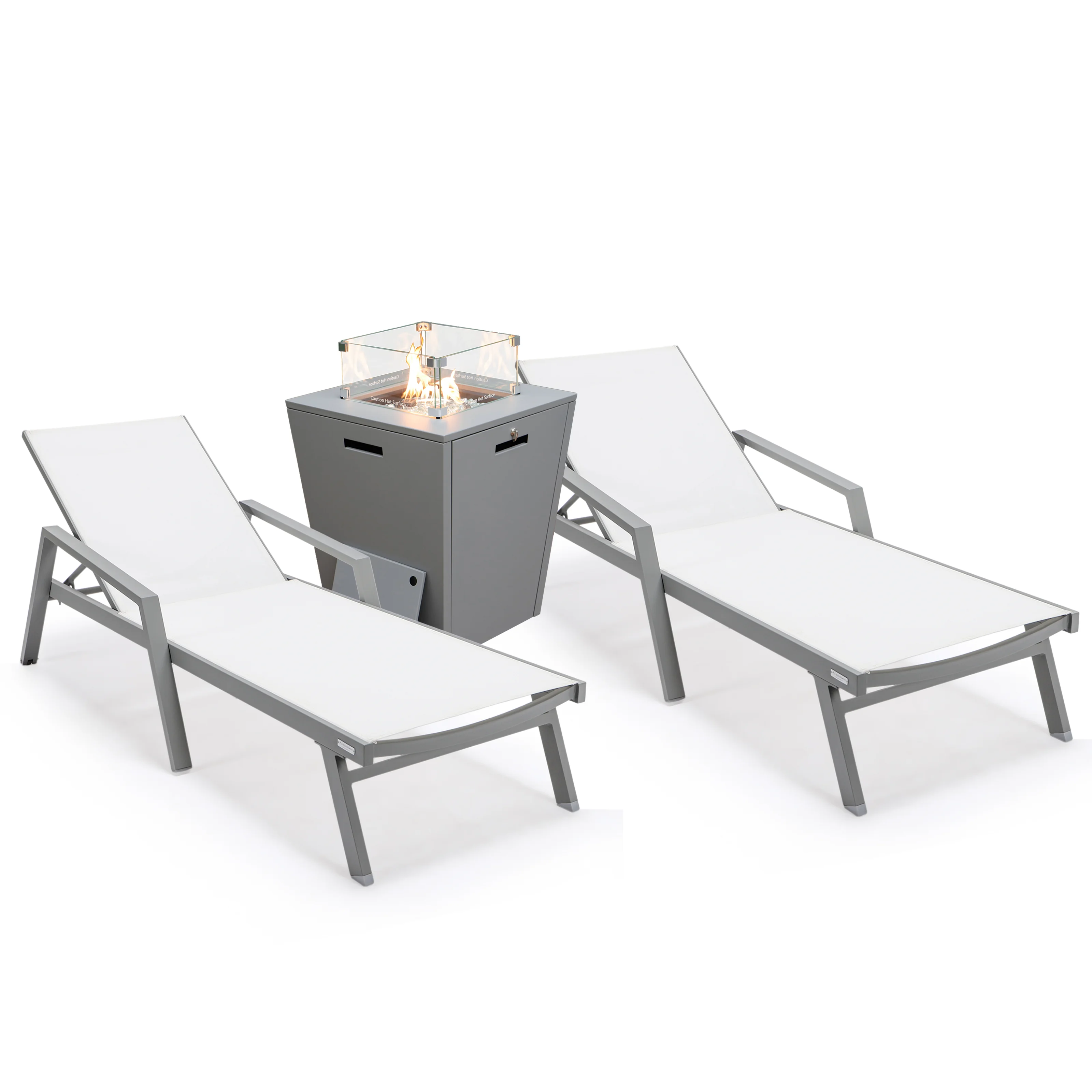 Marlin Modern Aluminum Outdoor Patio Chaise Lounge Chair With Arms Set of 2 with Square Fire Pit Side Table Perfect for Patio, Lawn, and Garden
