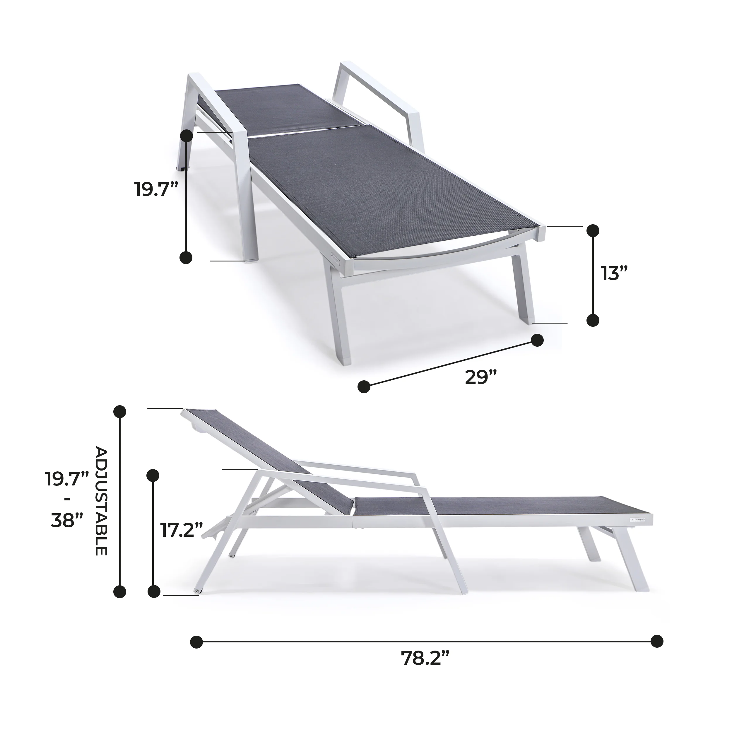 Marlin Patio Chaise Lounge Chair With Armrests in White Aluminum Frame