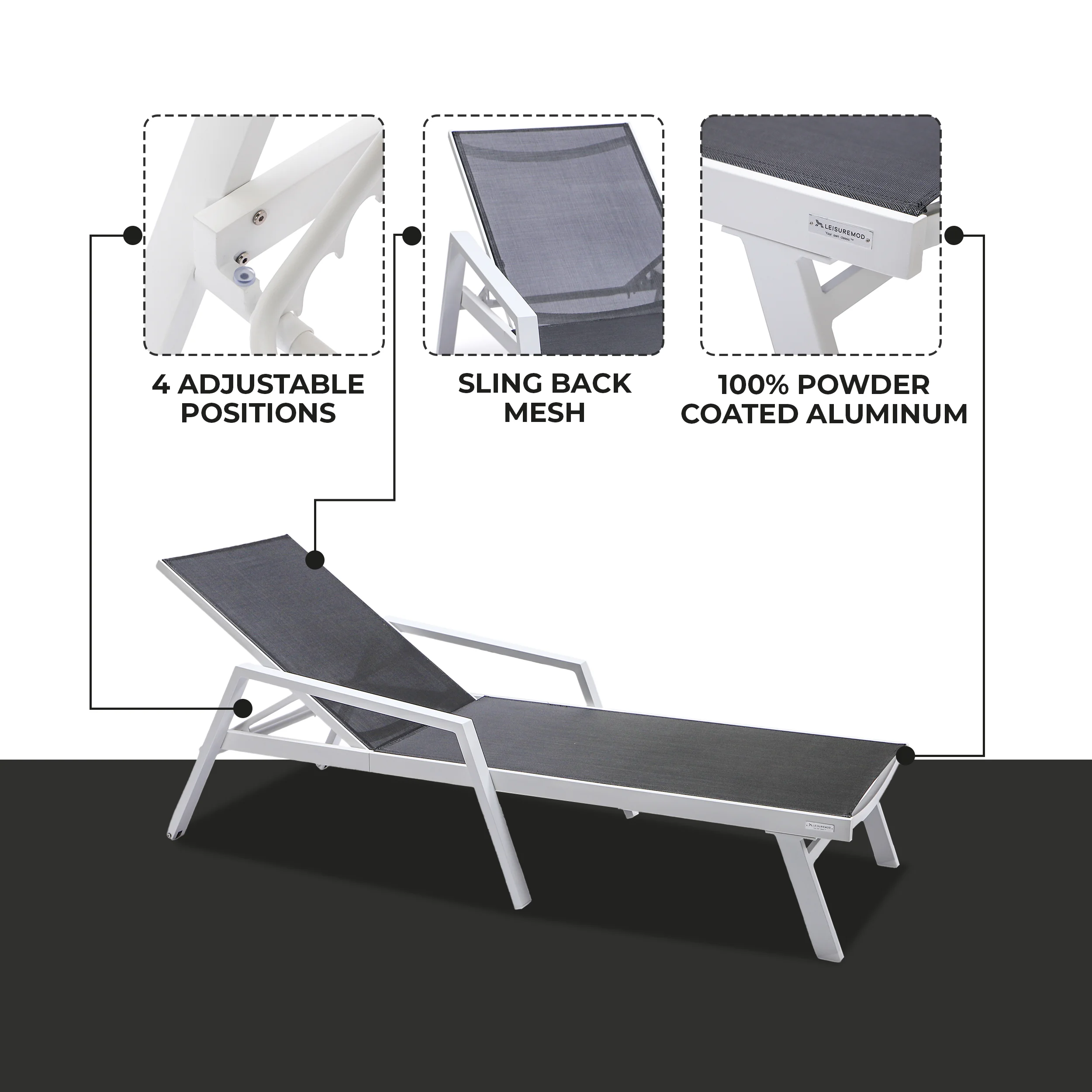Marlin Patio Chaise Lounge Chair With Armrests in White Aluminum Frame