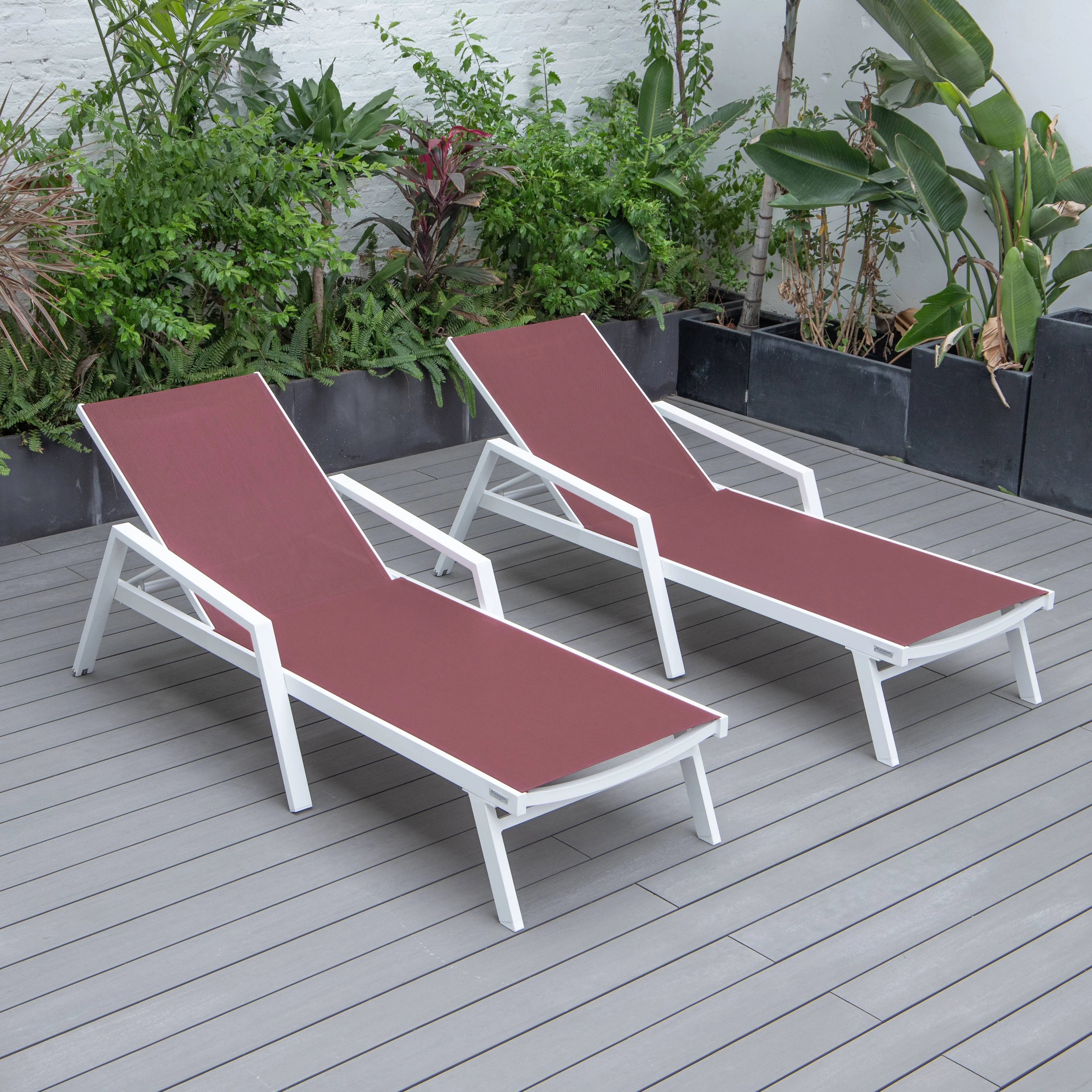 Marlin Patio Chaise Lounge Chair With Armrests in White Aluminum Frame, Set of 2 in Burgundy