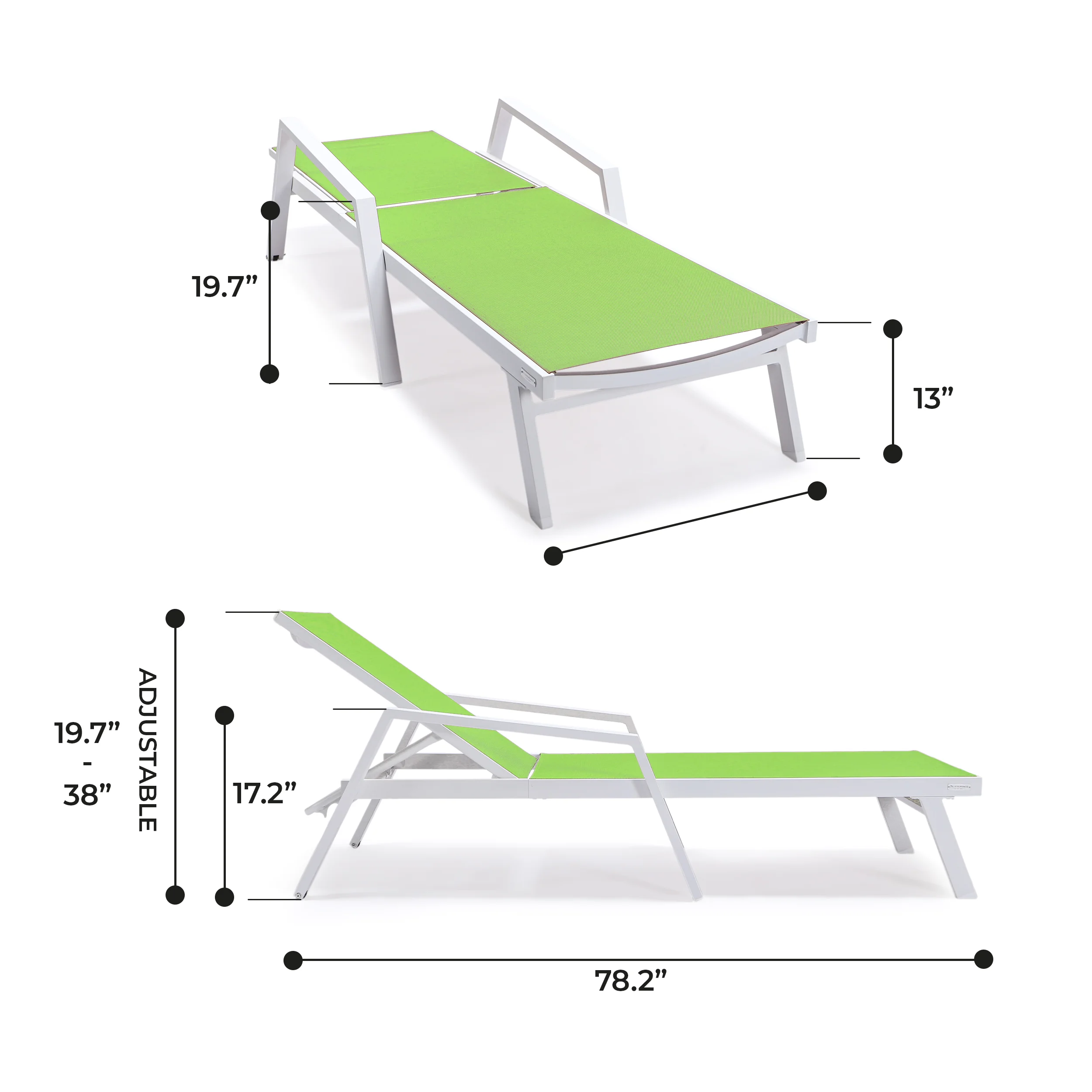 Marlin Patio Chaise Lounge Chair With Armrests in White Aluminum Frame