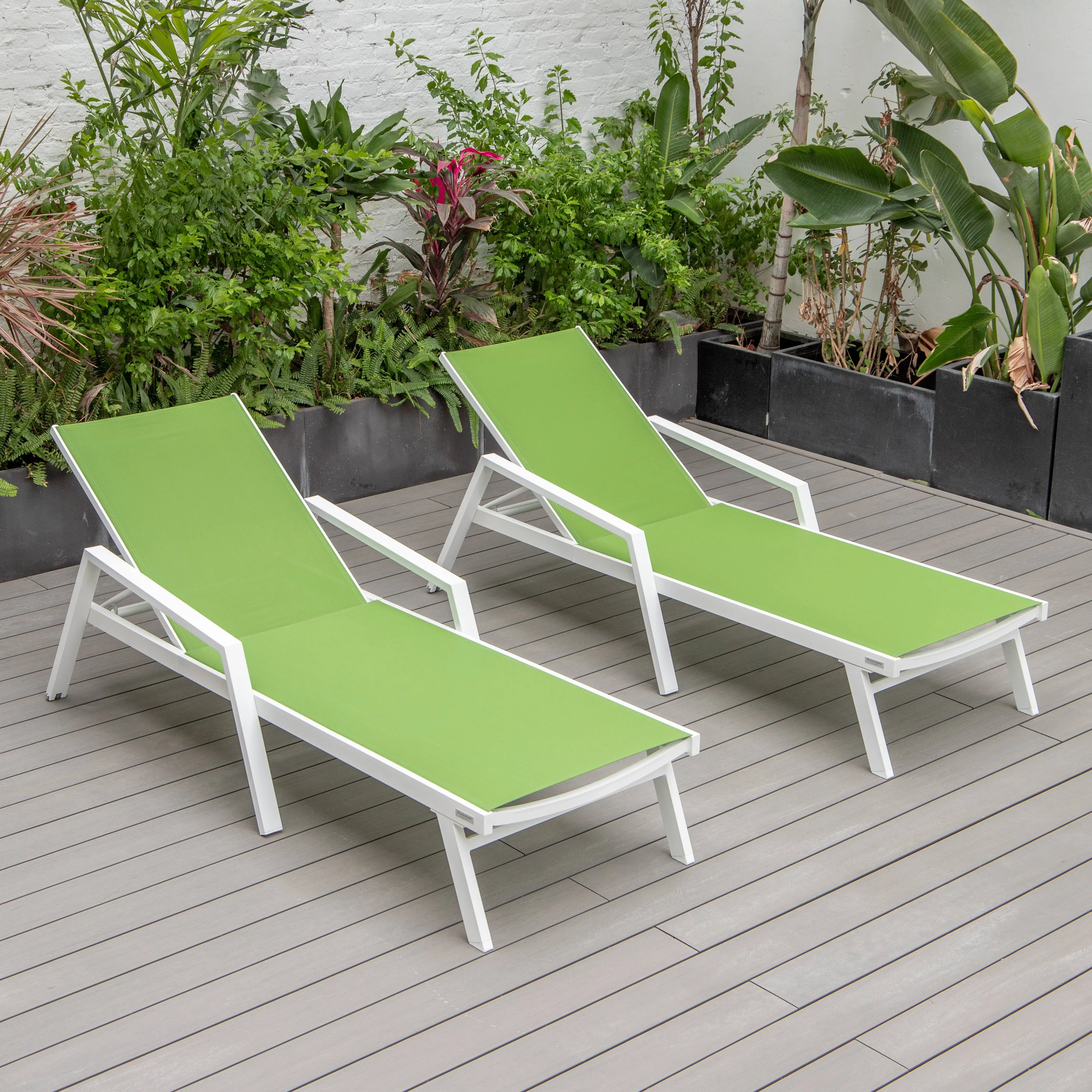 Marlin Patio Chaise Lounge Chair With Armrests in White Aluminum Frame, Set of 2 in Green