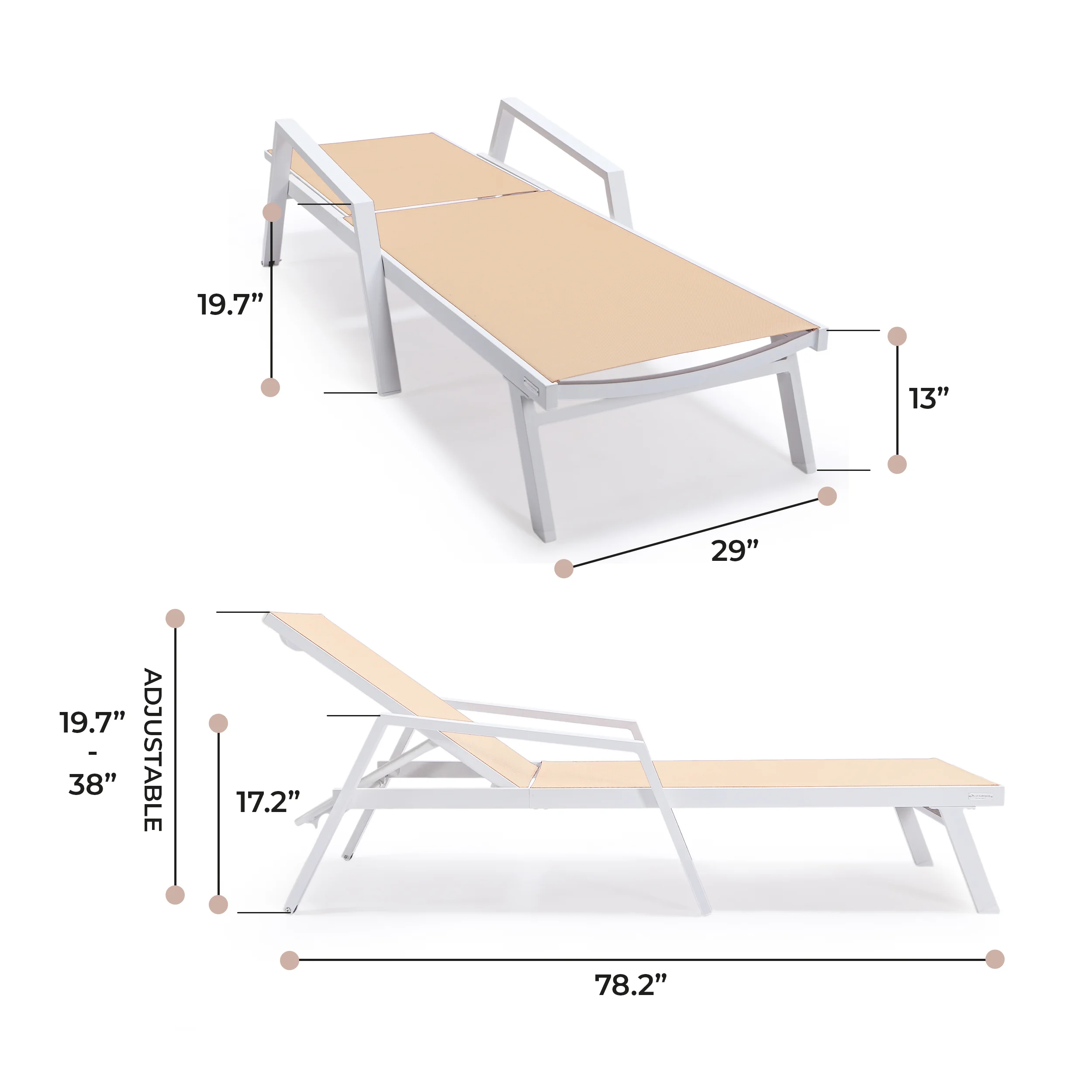 Marlin Patio Chaise Lounge Chair With Armrests in White Aluminum Frame