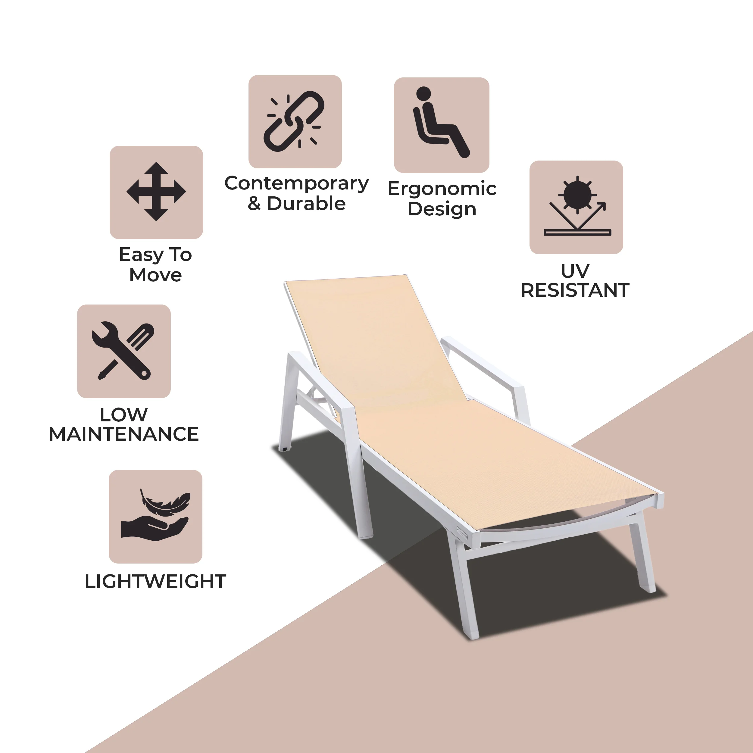 Marlin Patio Chaise Lounge Chair With Armrests in White Aluminum Frame