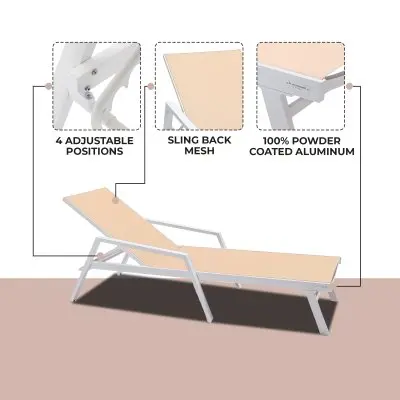 Marlin Patio Chaise Lounge Chair With Armrests in White Aluminum Frame