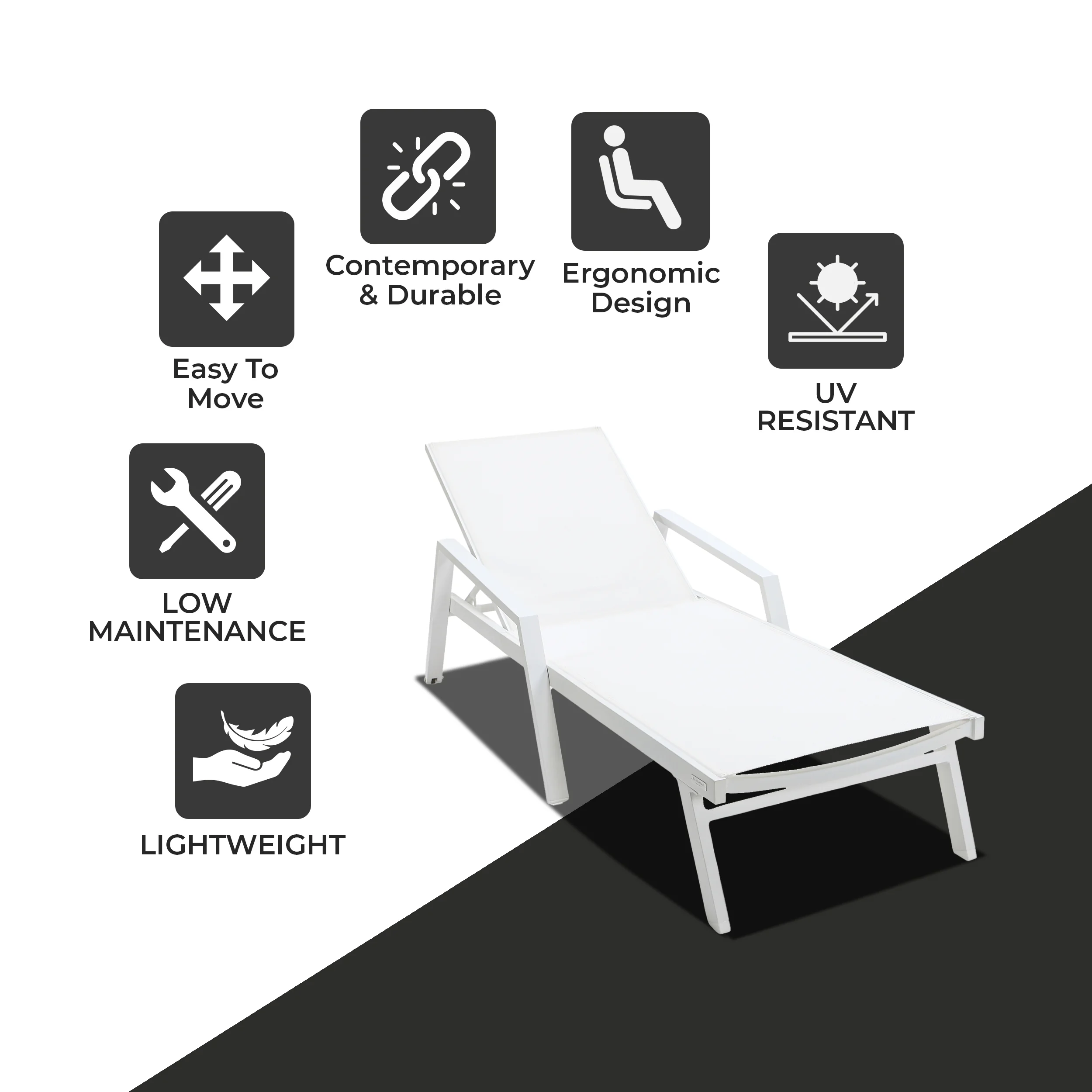 Marlin Patio Chaise Lounge Chair With Armrests in White Aluminum Frame