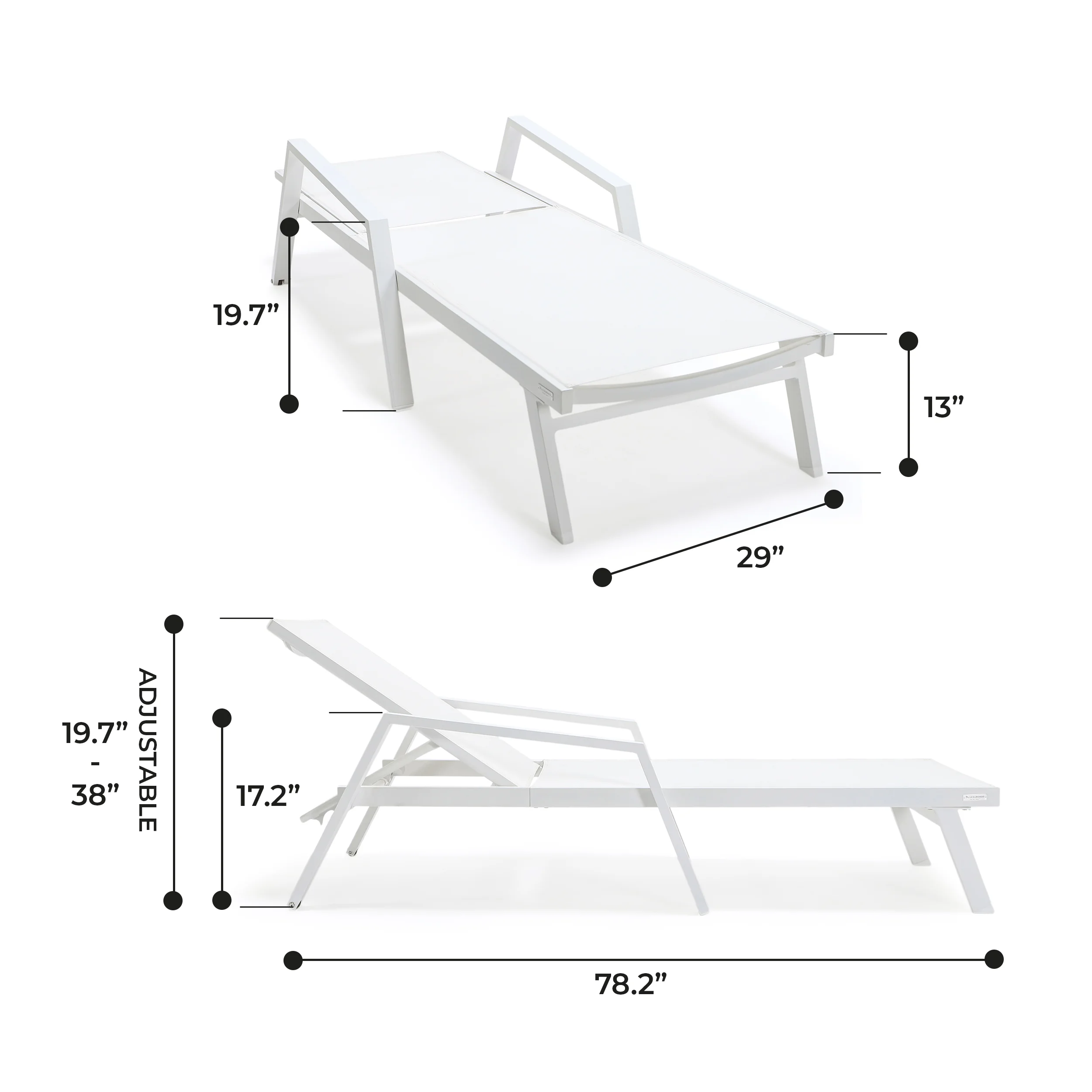 Marlin Patio Chaise Lounge Chair With Armrests in White Aluminum Frame