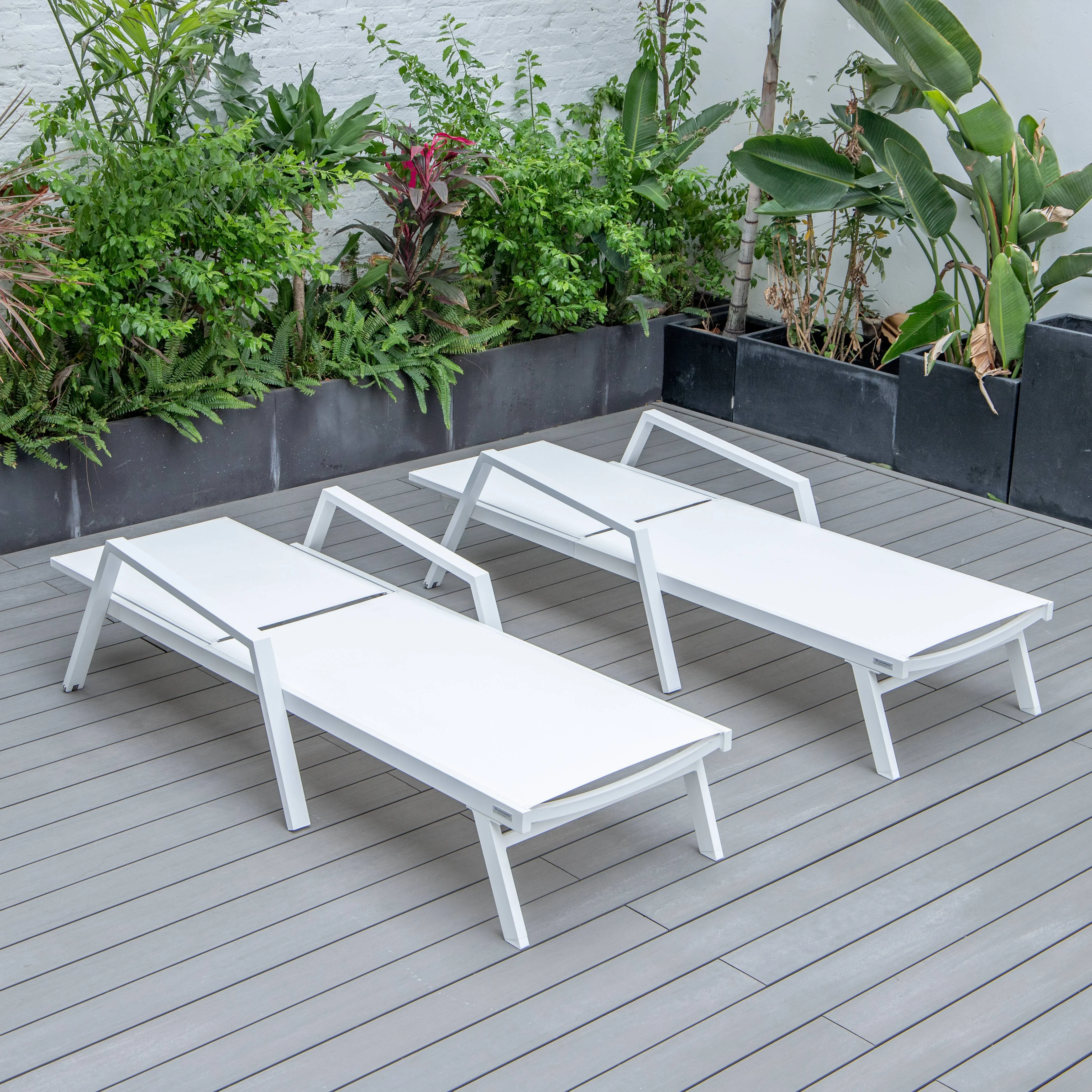 Marlin Patio Chaise Lounge Chair With Armrests in White Aluminum Frame, Set of 2 in White