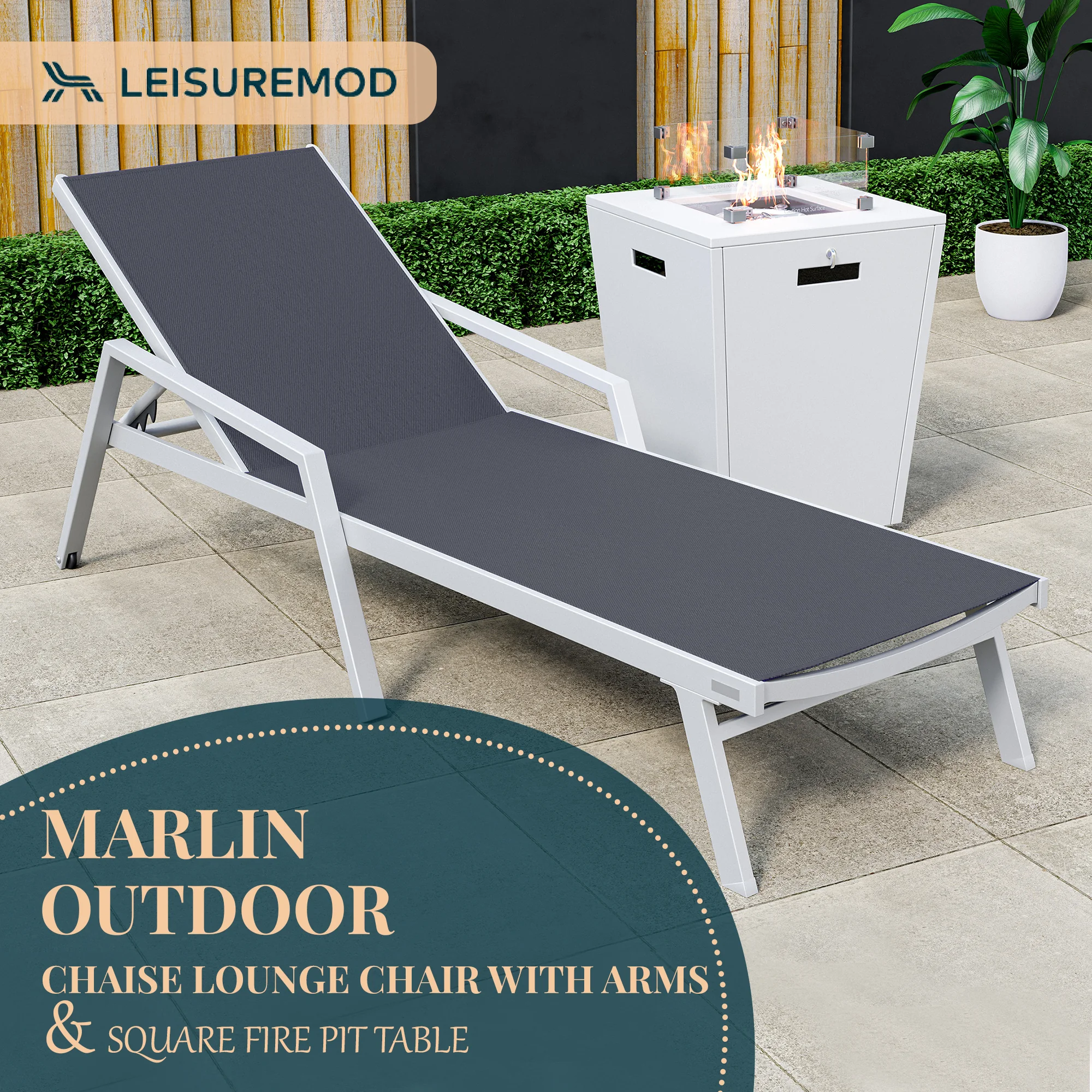 Marlin Modern White Aluminum Outdoor Patio Chaise Lounge Chair With Arms and Square Fire Pit Side Table Perfect for Patio, Lawn, and Garden