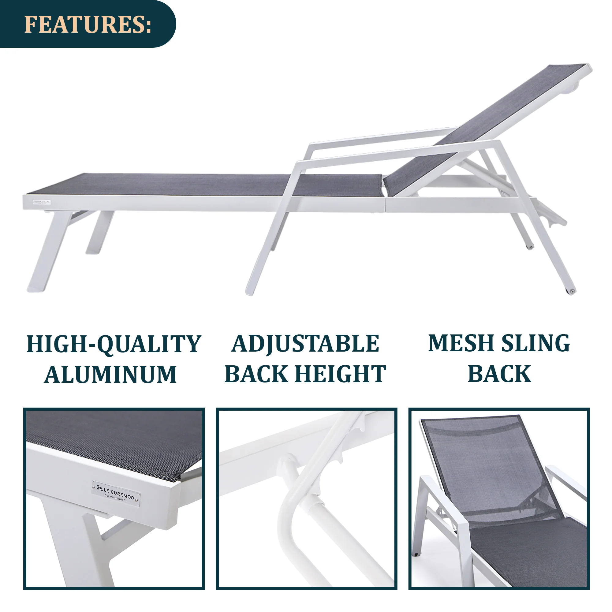 Marlin Modern White Aluminum Outdoor Patio Chaise Lounge Chair With Arms and Square Fire Pit Side Table Perfect for Patio, Lawn, and Garden