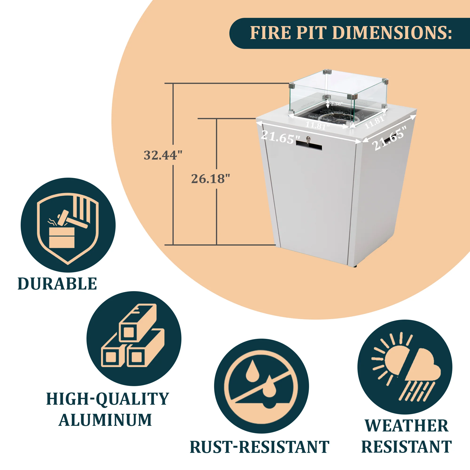 Marlin Modern White Aluminum Outdoor Patio Chaise Lounge Chair With Arms and Square Fire Pit Side Table Perfect for Patio, Lawn, and Garden