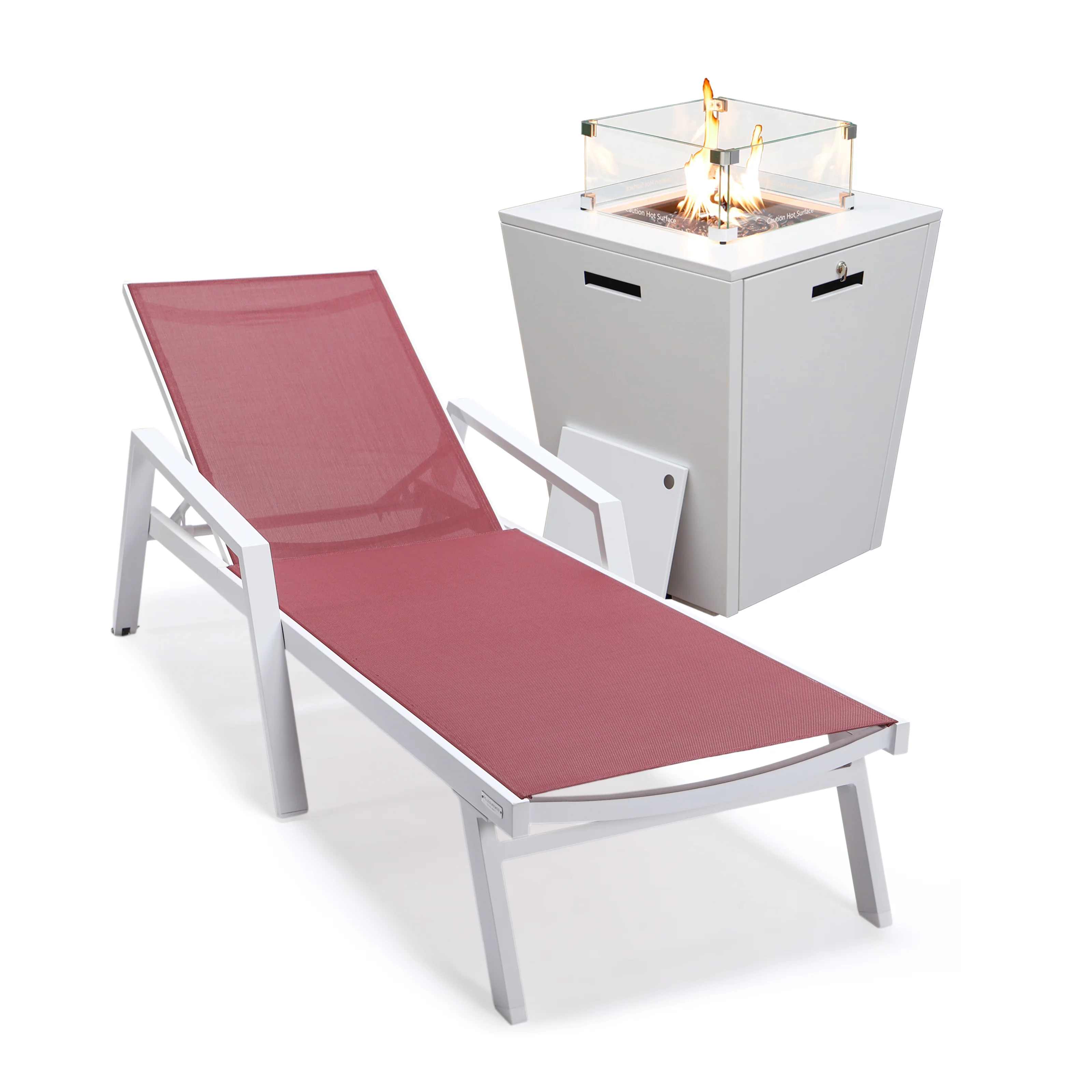 Marlin Modern White Aluminum Outdoor Patio Chaise Lounge Chair With Arms and Square Fire Pit Side Table Perfect for Patio, Lawn, and Garden