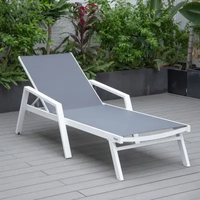 Marlin Modern White Aluminum Outdoor Patio Chaise Lounge Chair With Arms and Square Fire Pit Side Table Perfect for Patio, Lawn, and Garden