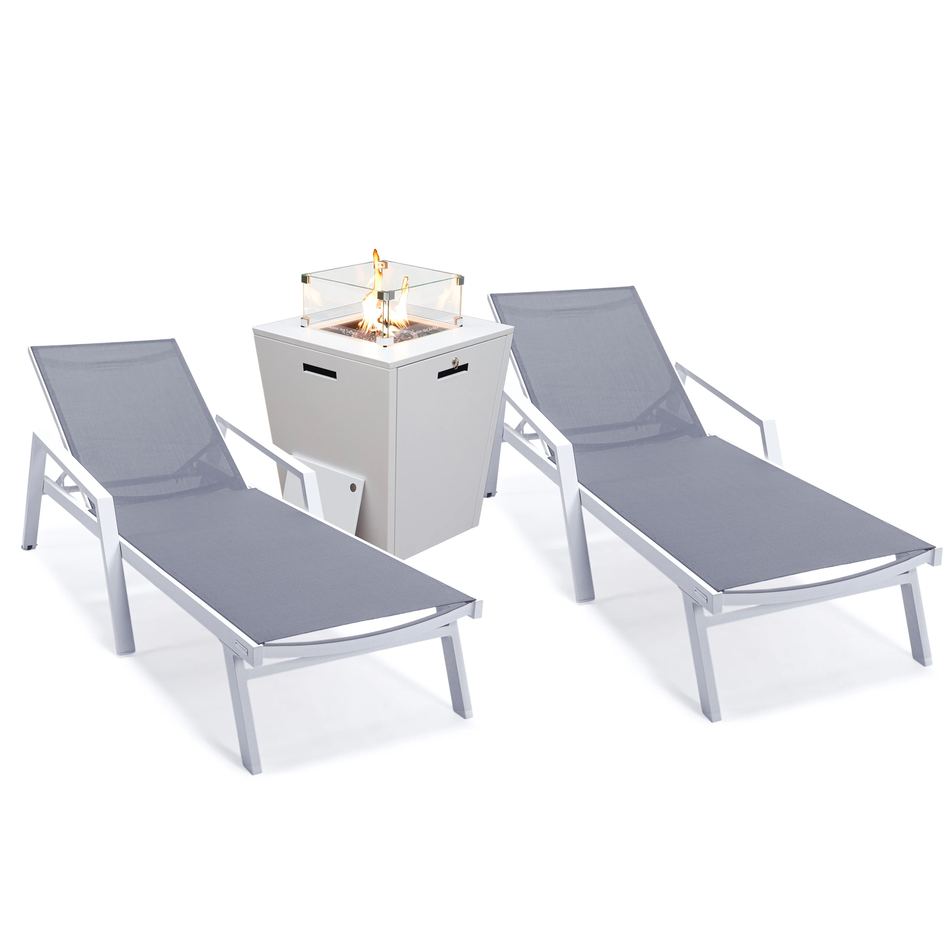 Marlin Modern Aluminum Outdoor Patio Chaise Lounge Chair With Arms Set of 2 with Square Fire Pit Side Table Perfect for Patio, Lawn, and Garden