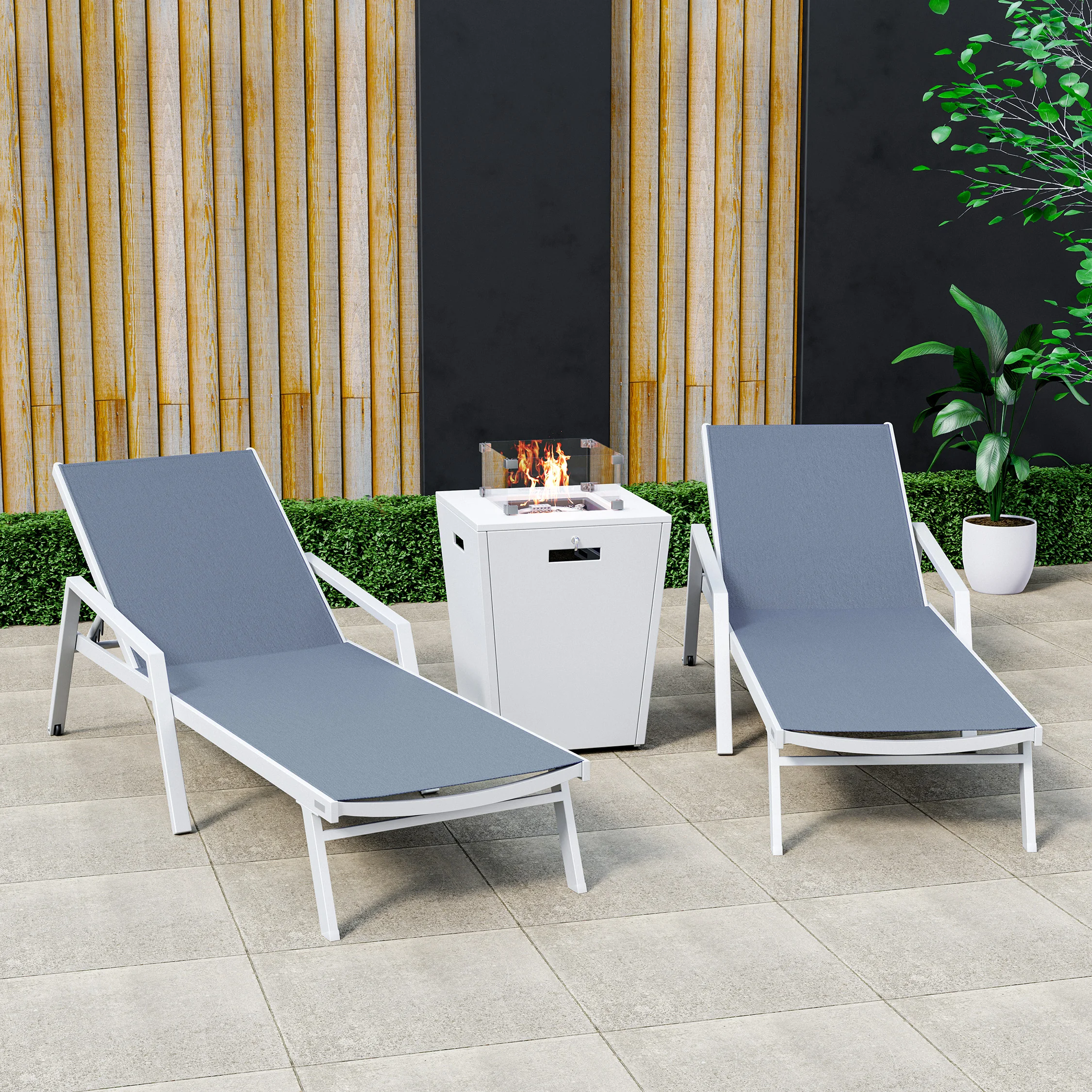 Marlin Modern Aluminum Outdoor Patio Chaise Lounge Chair With Arms Set of 2 with Square Fire Pit Side Table Perfect for Patio, Lawn, and Garden