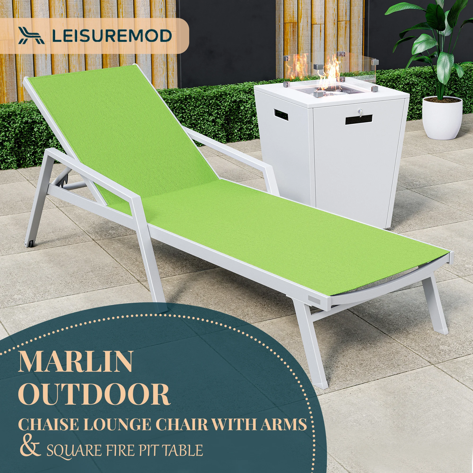 Marlin Modern White Aluminum Outdoor Patio Chaise Lounge Chair With Arms and Square Fire Pit Side Table Perfect for Patio, Lawn, and Garden