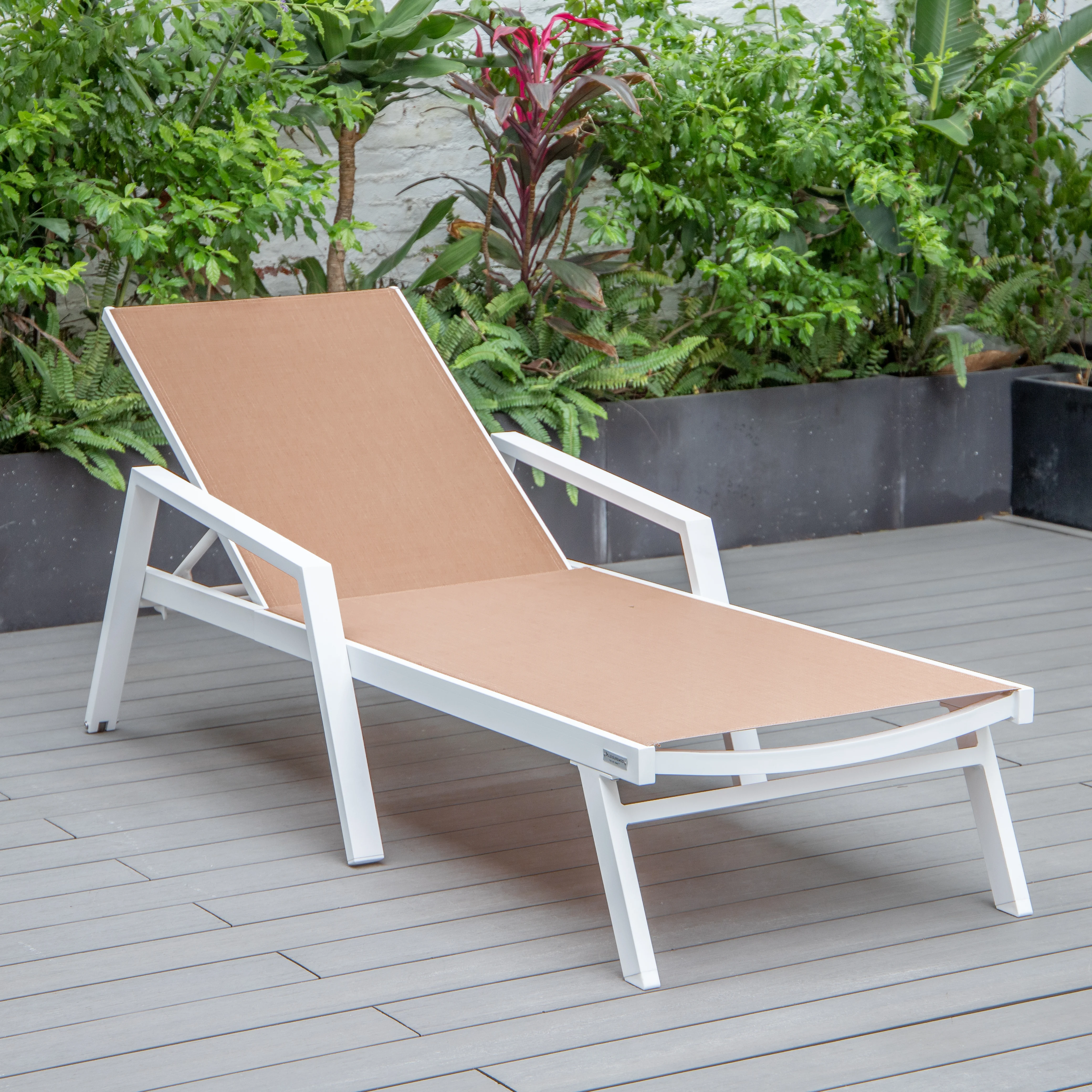 Marlin Modern White Aluminum Outdoor Patio Chaise Lounge Chair With Arms and Square Fire Pit Side Table Perfect for Patio, Lawn, and Garden