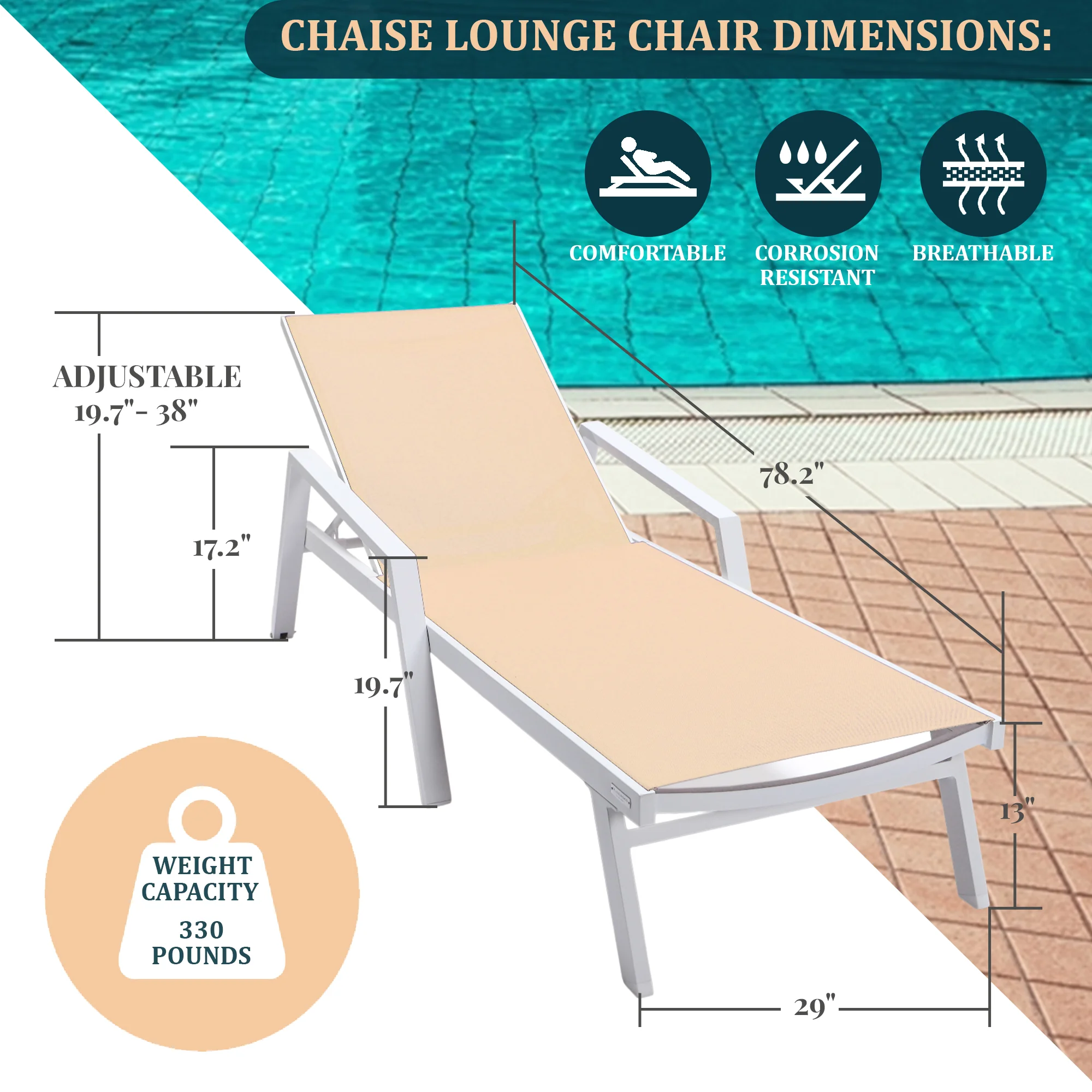Marlin Modern White Aluminum Outdoor Patio Chaise Lounge Chair With Arms and Square Fire Pit Side Table Perfect for Patio, Lawn, and Garden